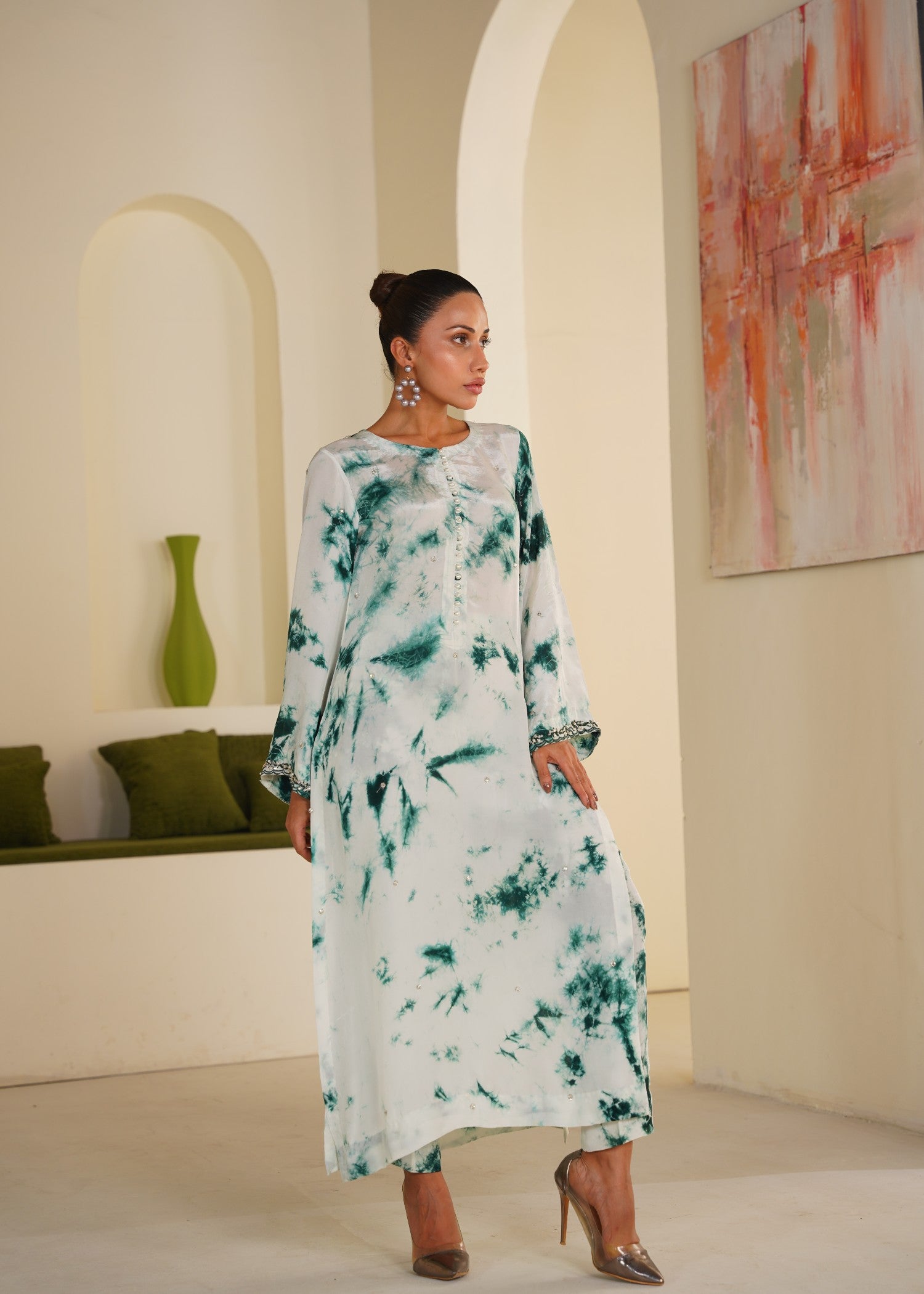 tussar silk Co Ord Sets in Dark green, white
