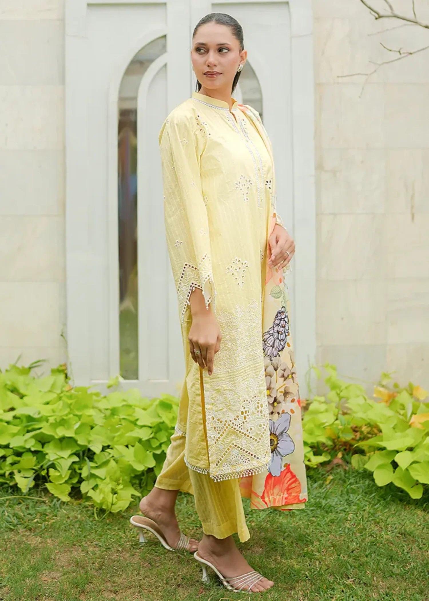 textured lawn Kurta Set in Yellow