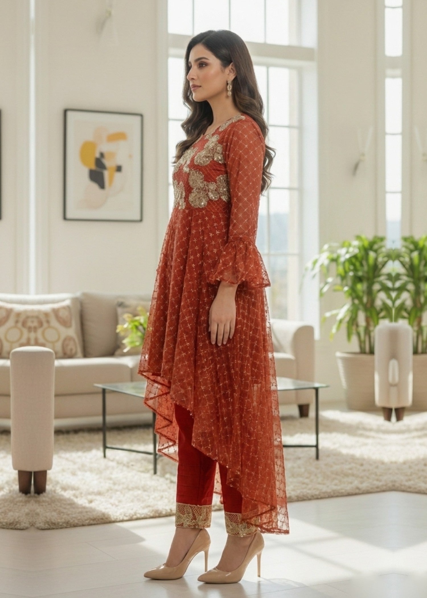 organza Short Frock in Rust orange