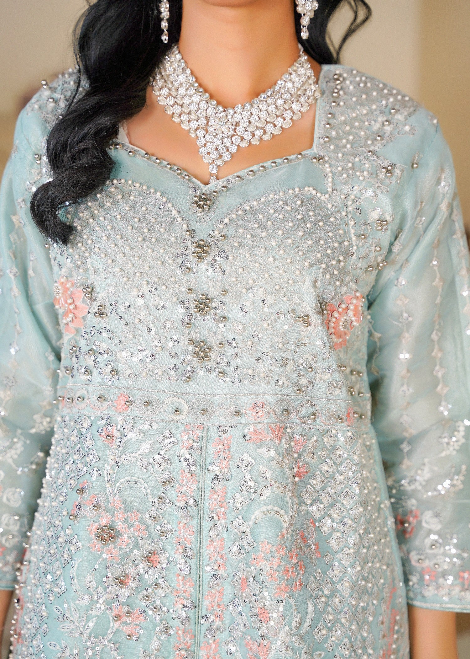organza Sharara in Silver, ice blue
