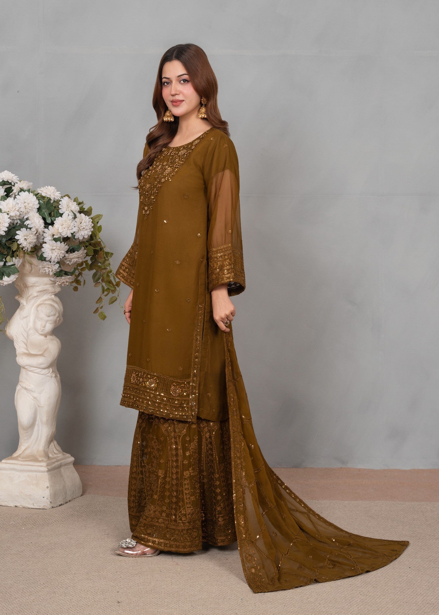 chiffon Gharara in Olive green