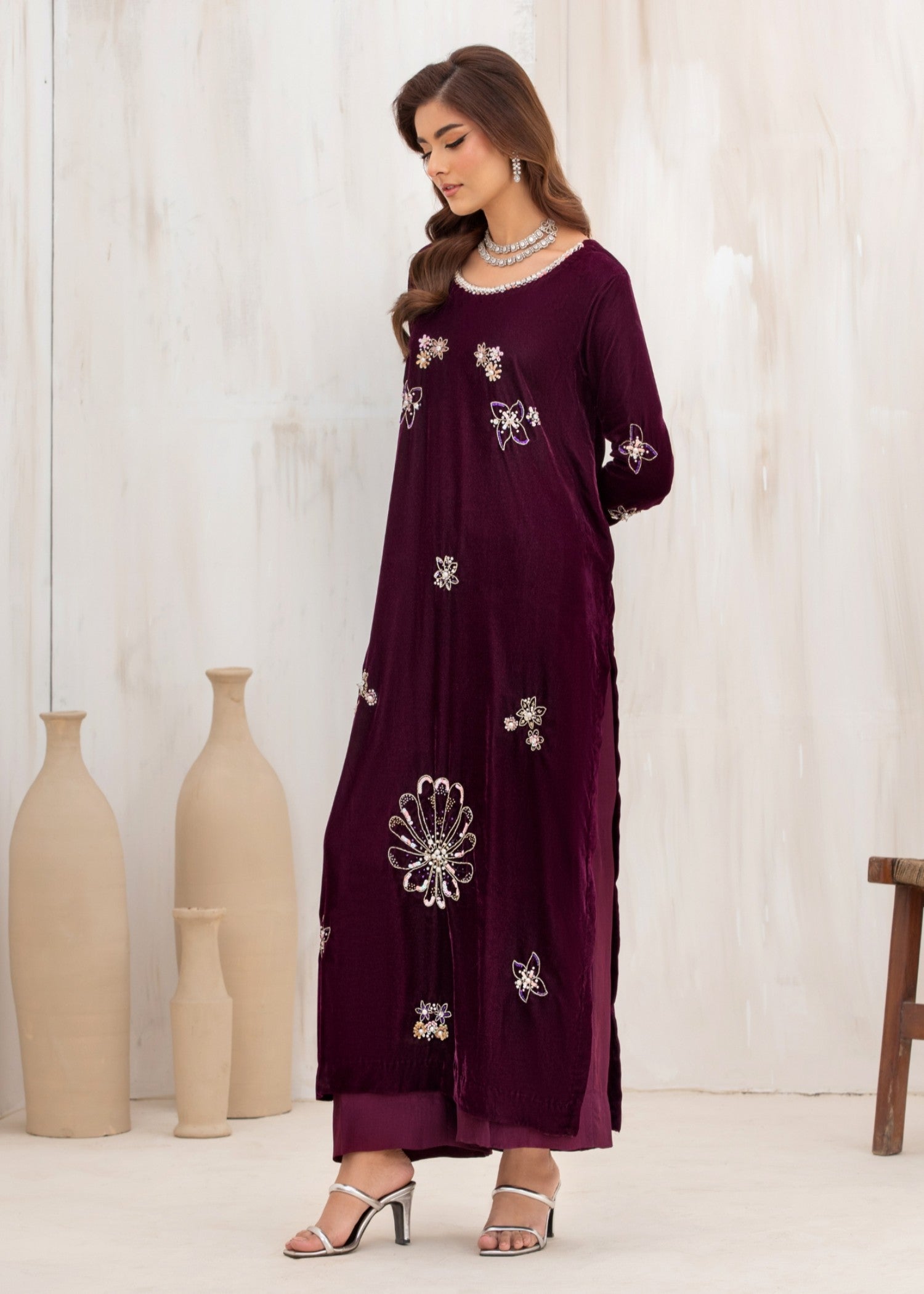 korean raw silk Kurta Set in Deep purple