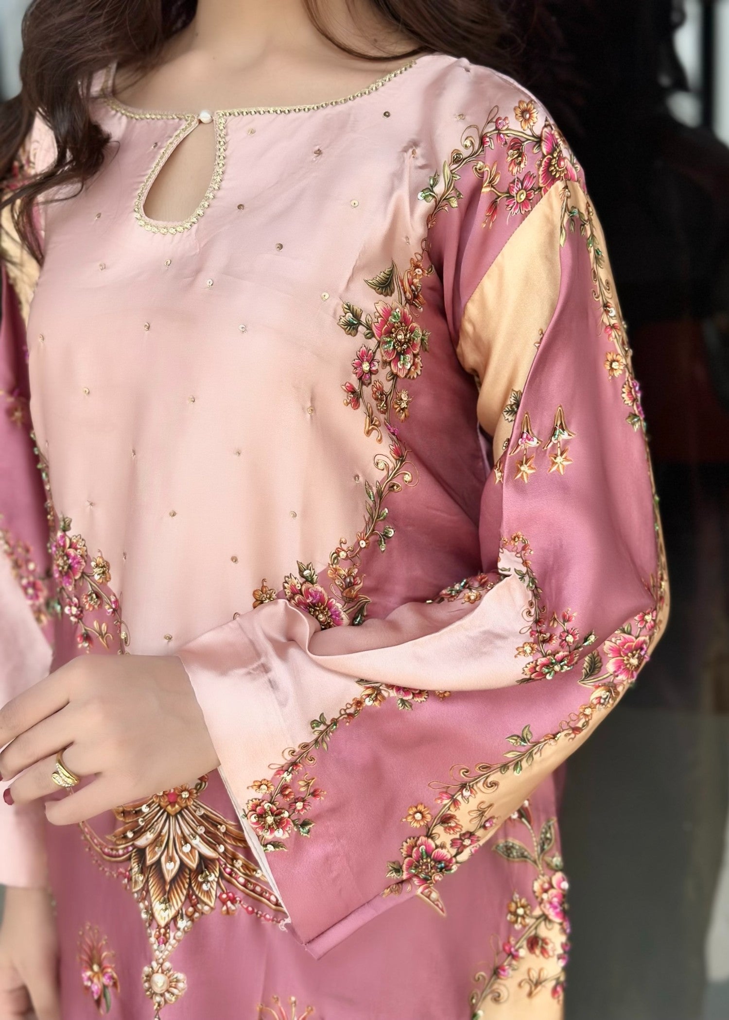 pk charmuse silk Kaftan in Mauve pink, champagne, blush