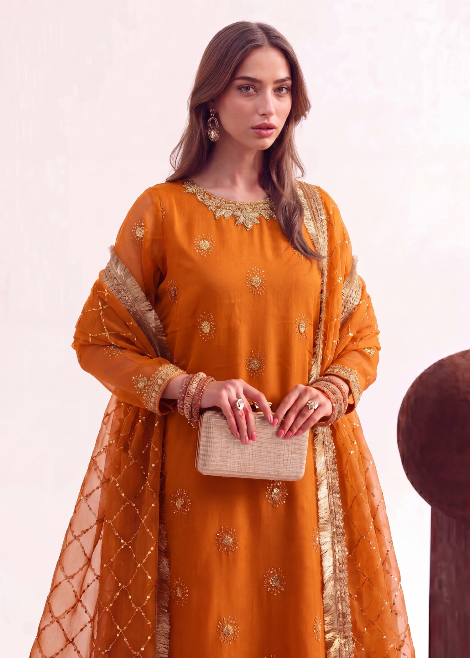 chiffon Gharara in Rust orange