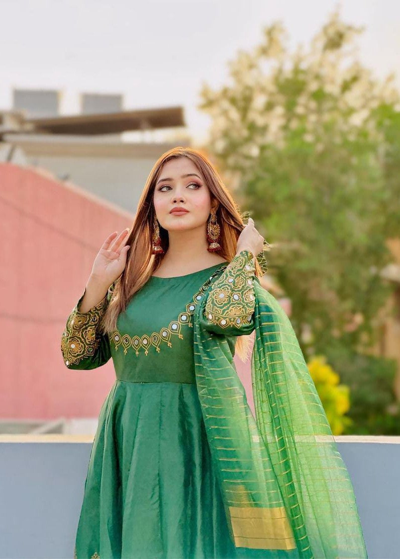 satin silk Anarkali in Green