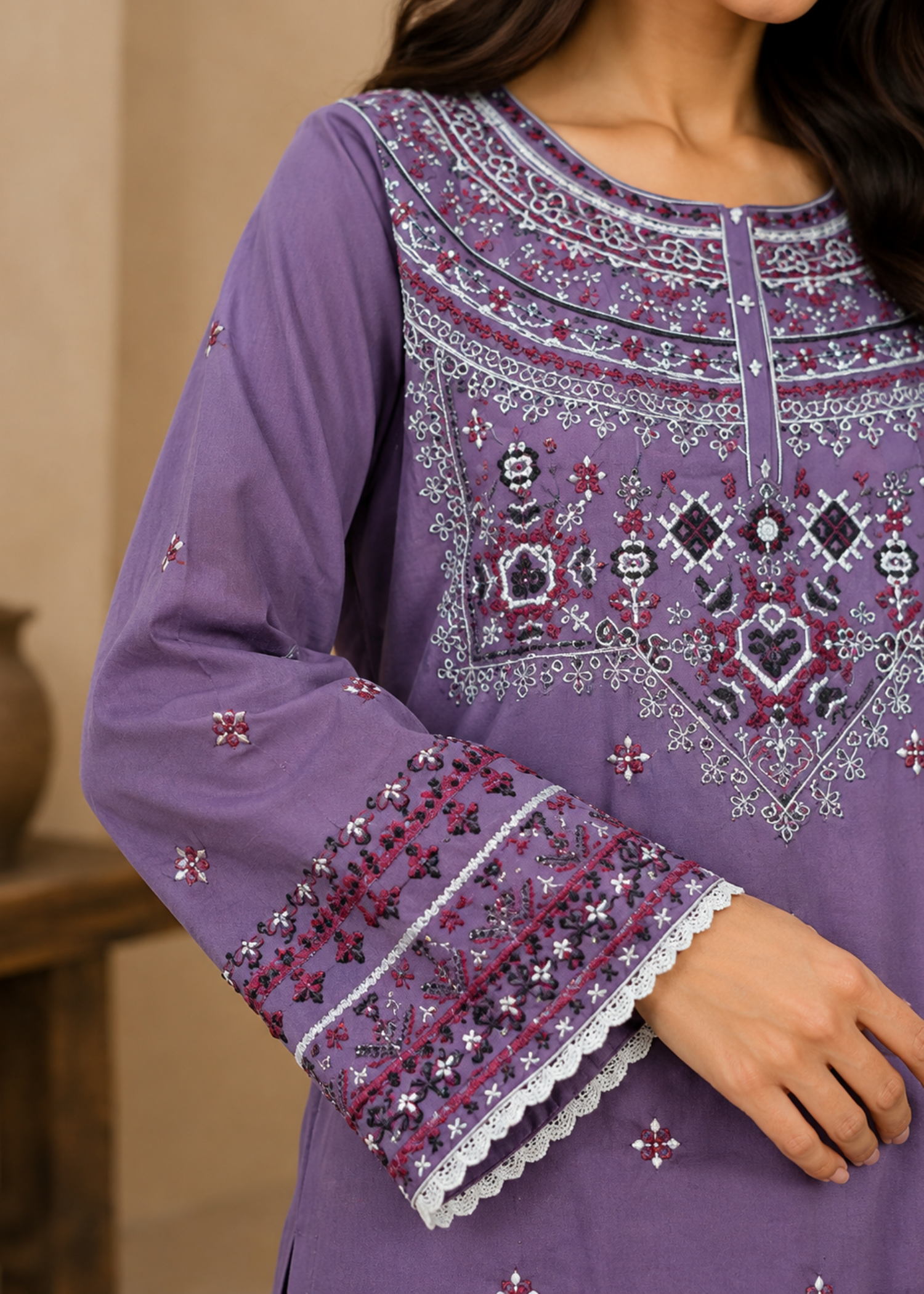 lawn cotton Kurta Set in Heathered lilac
