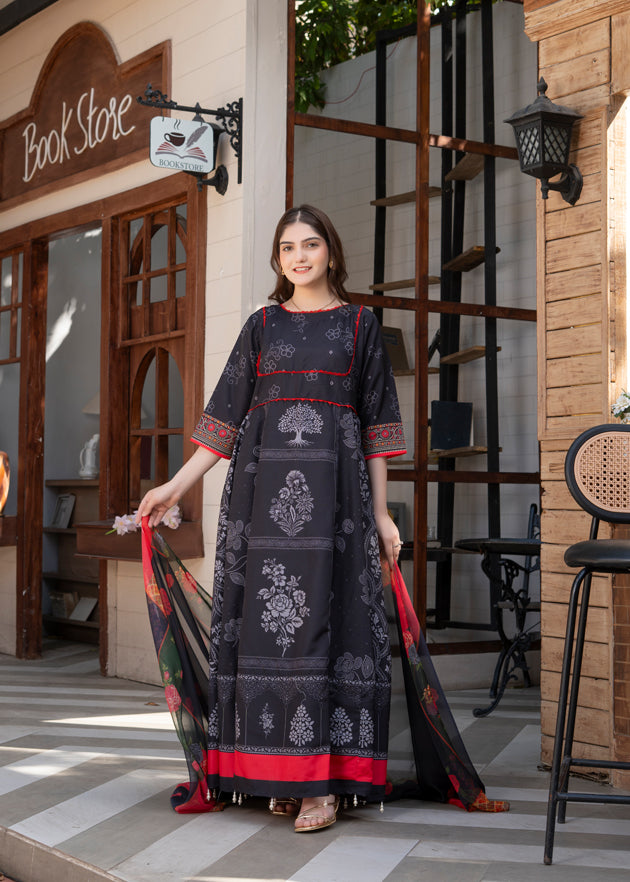 poly lawn Anarkali in Black, red, white