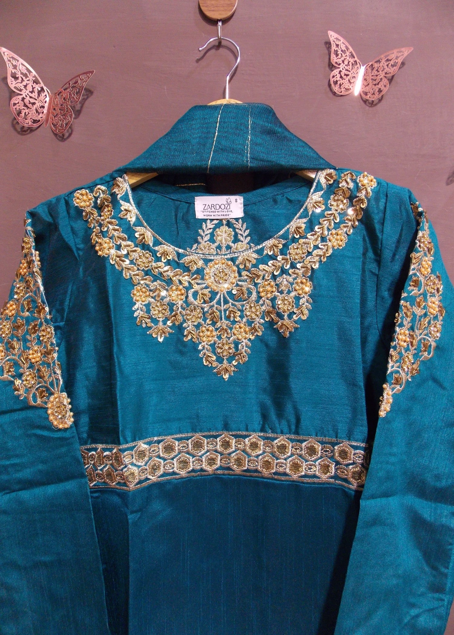 raw silk Short Frock in Sapphire blue