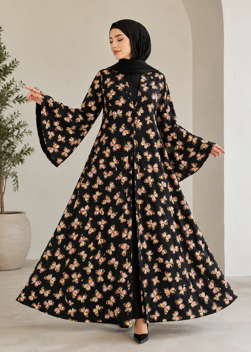crepe georgette Abaya in Mellow yellow