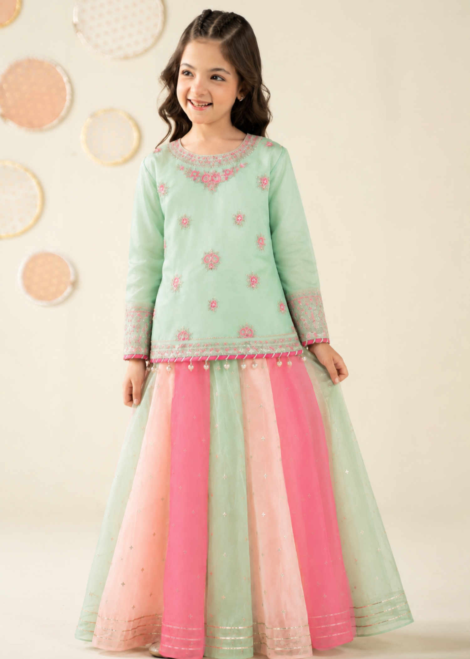 organza Lehenga in Multi, moss green
