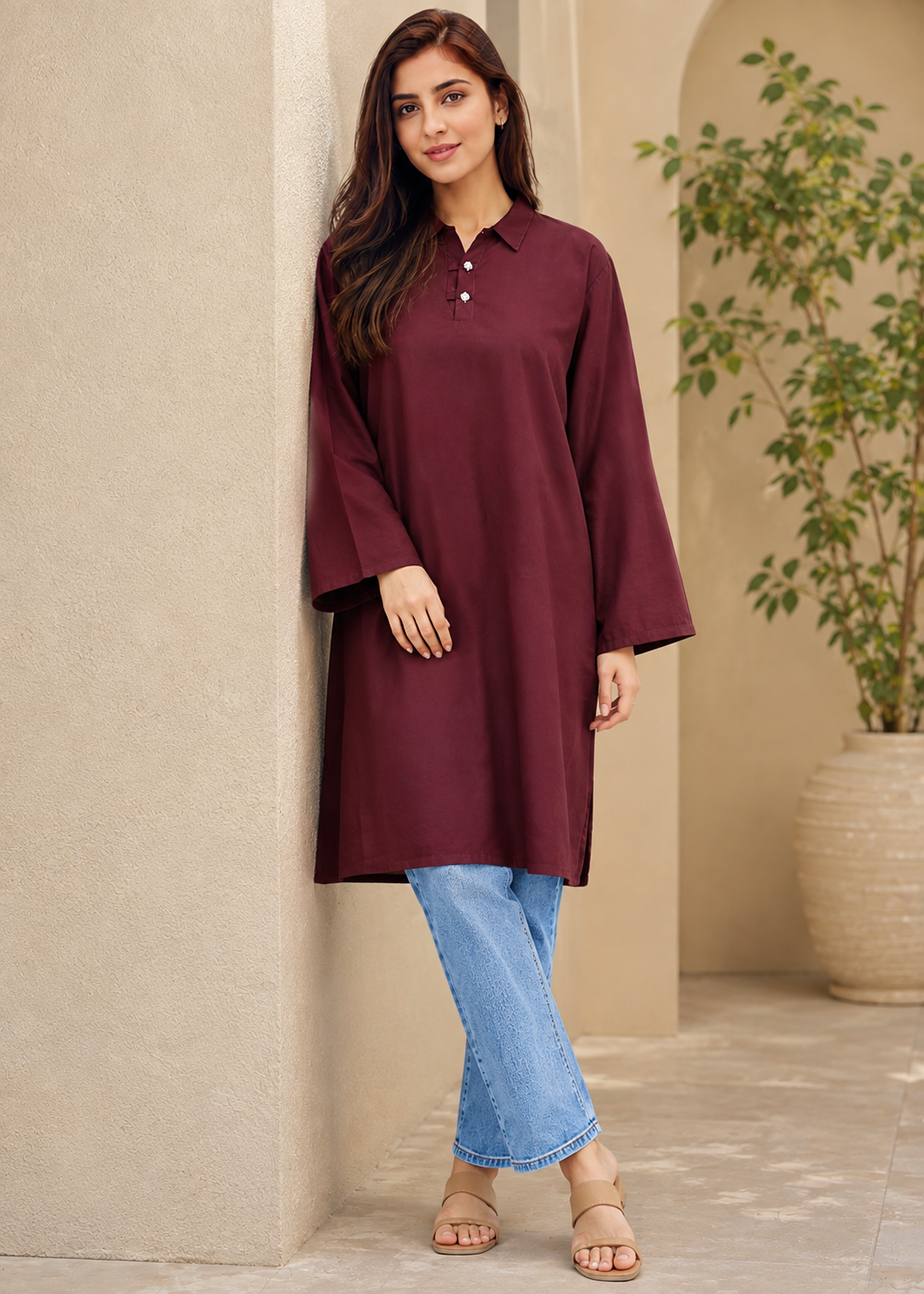 lawn Kurti in Maroon