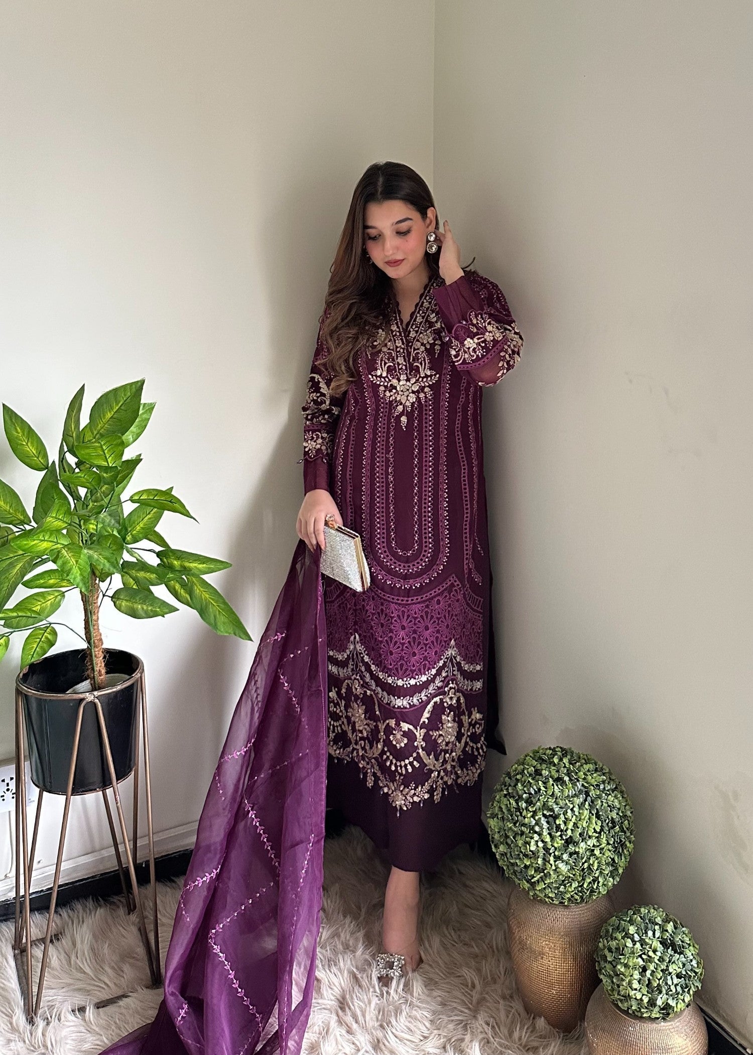 chiffon Kurta Set in Plum purple