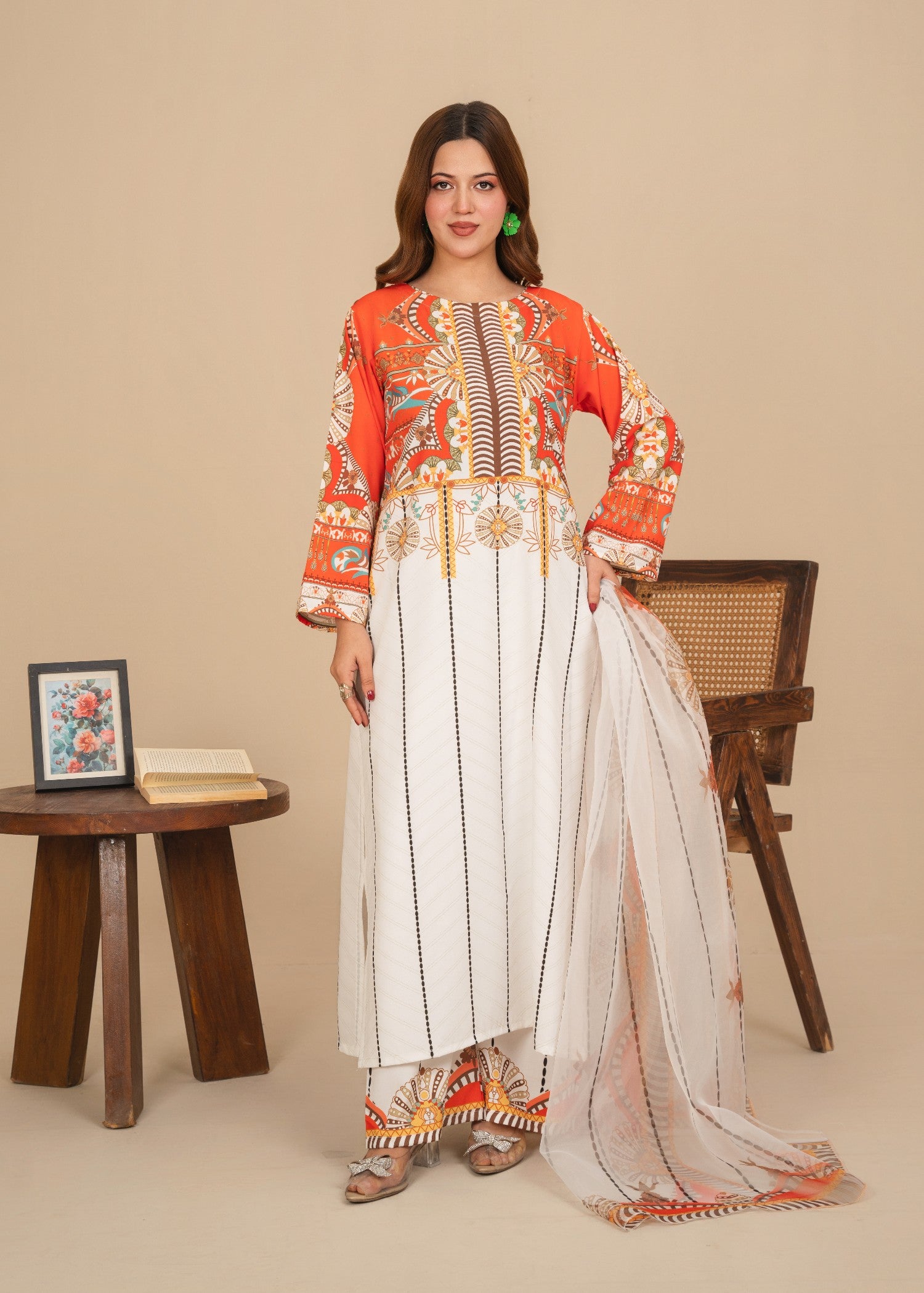 silk crepe Kurta Set in White, pumpkin orange