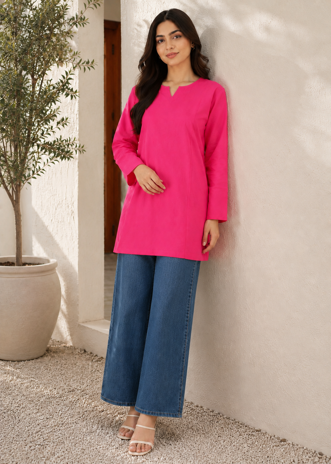 linen Kurti in Bubblegum pink
