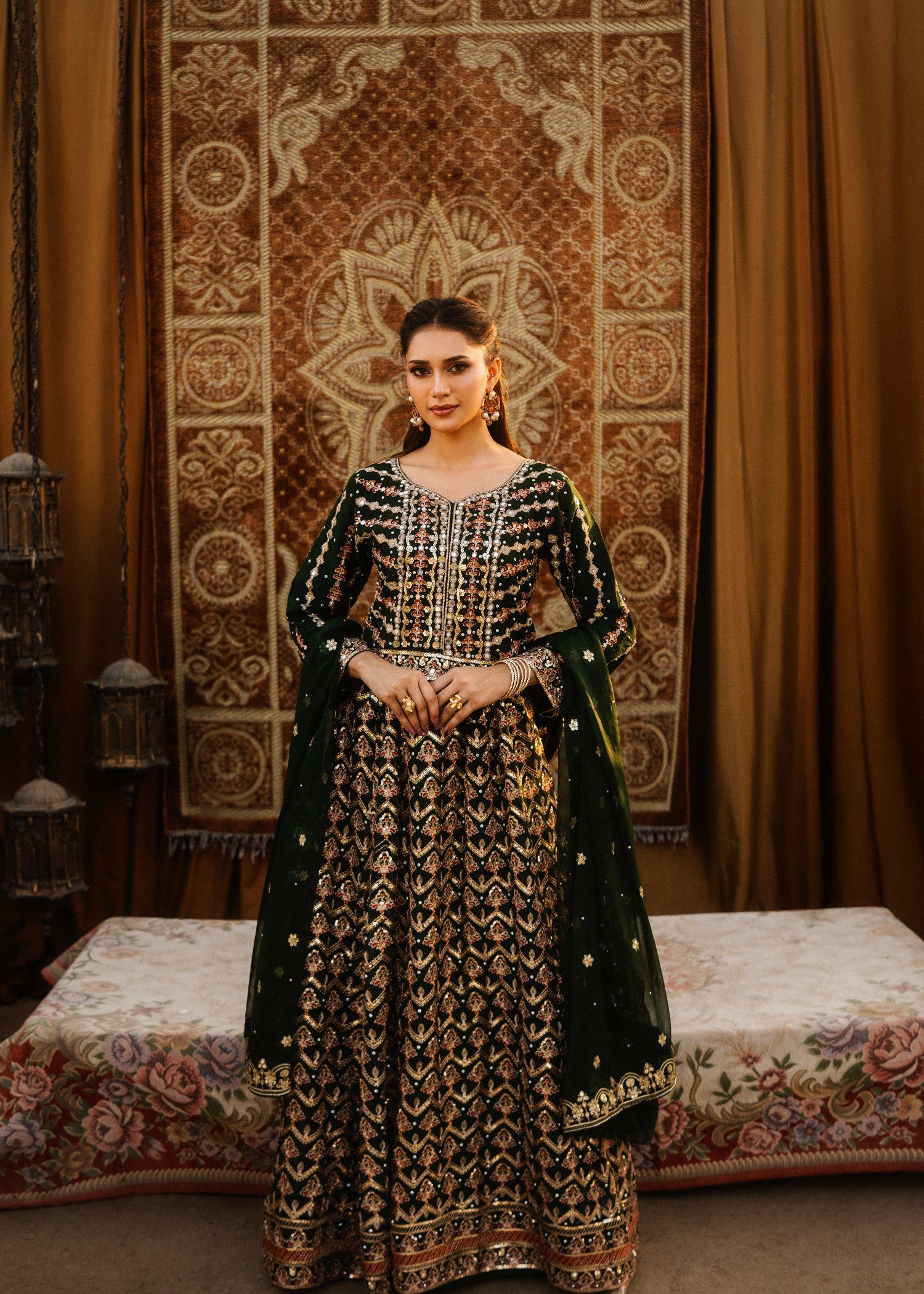 pk chiffon Lehenga in Bottle green