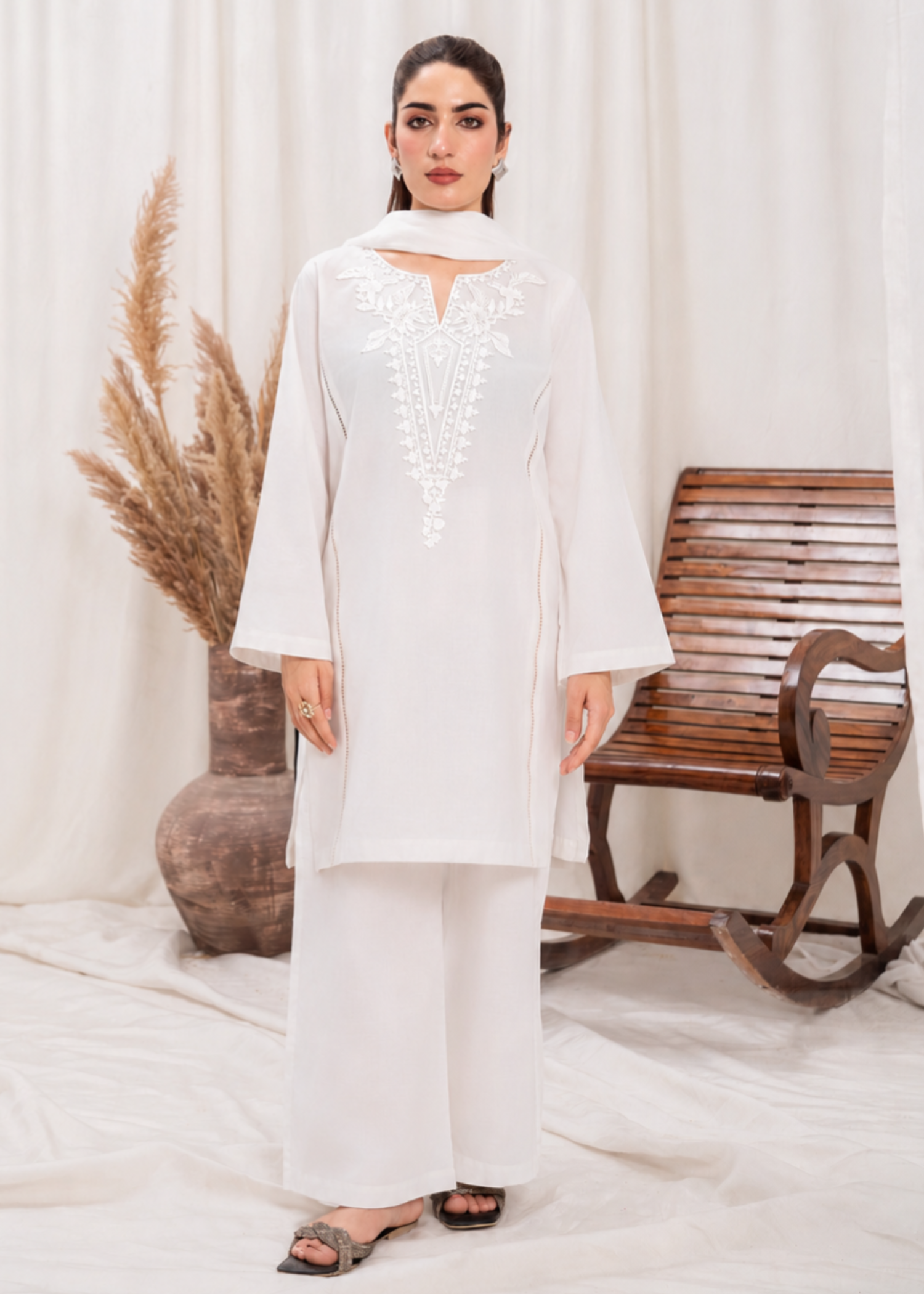 lawn cotton Kurta Set in White