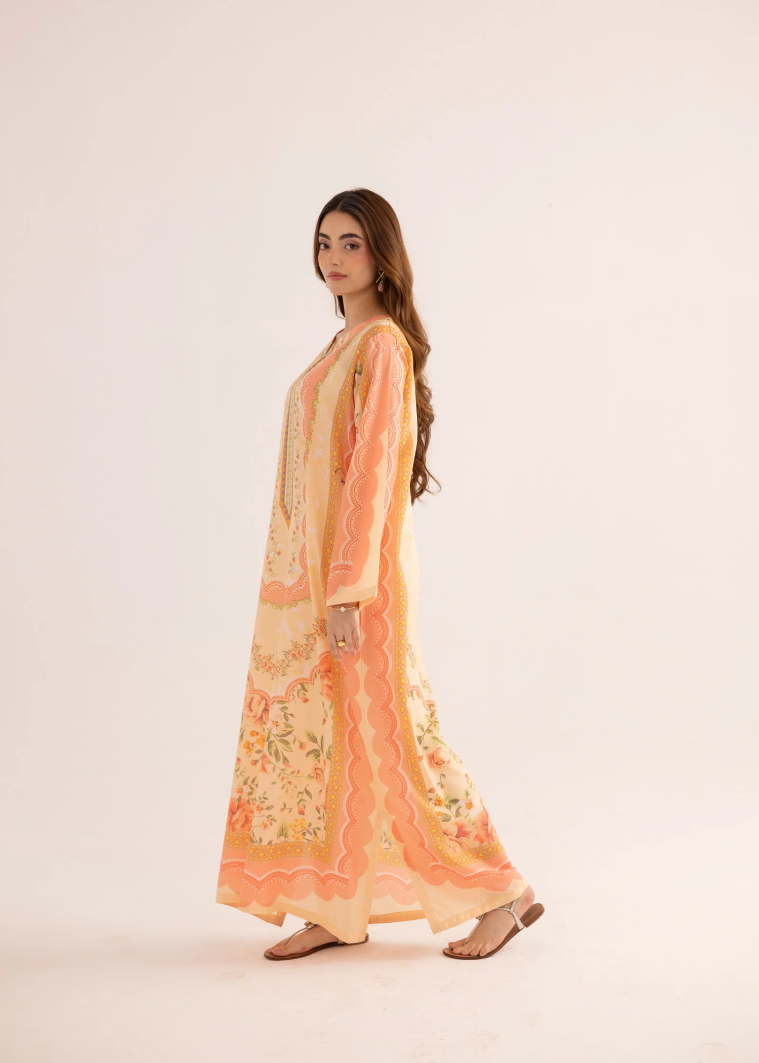 silk finish lawn Kaftan in Pink, peach orange