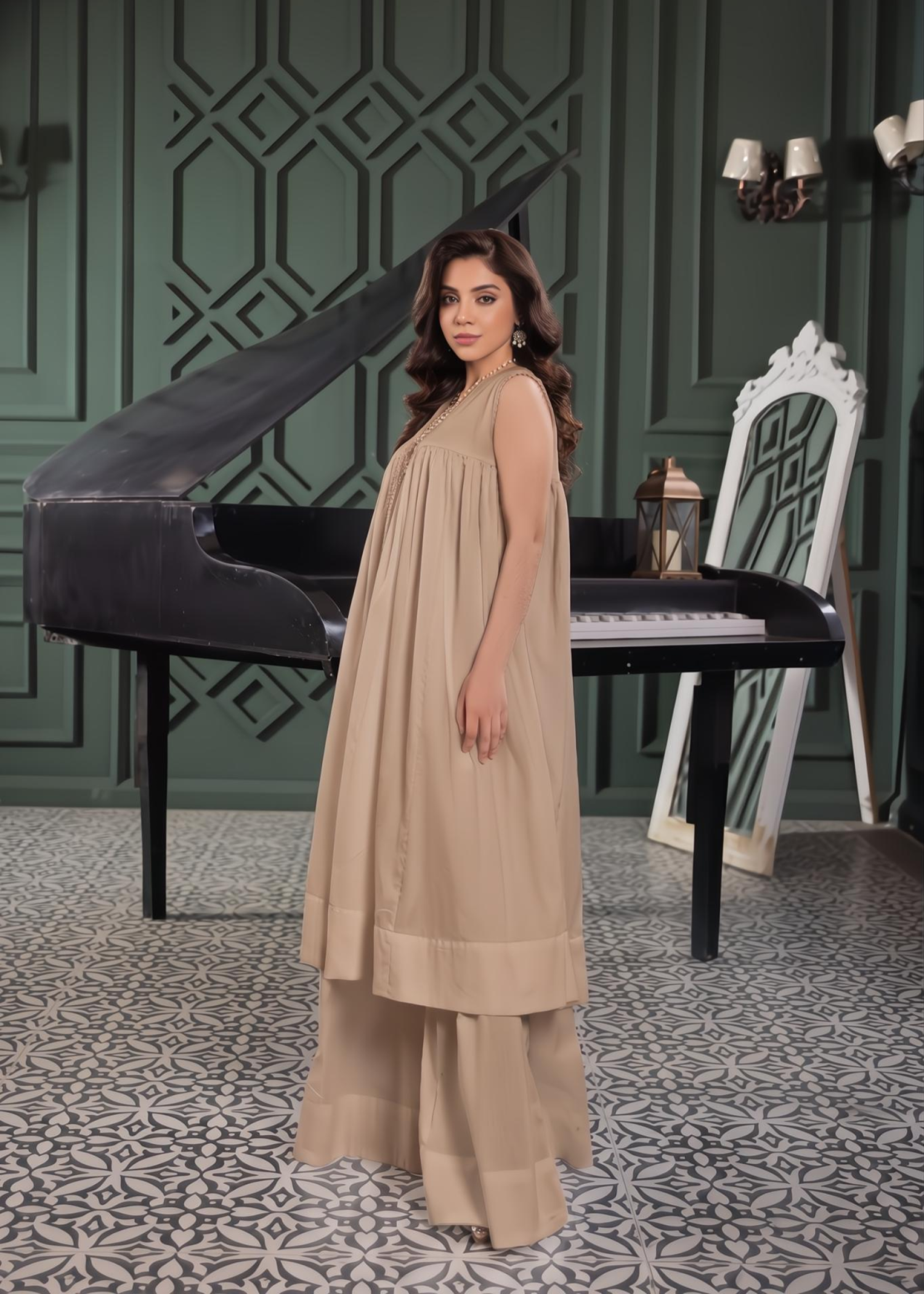 lawn cotton Short Frock in Beige