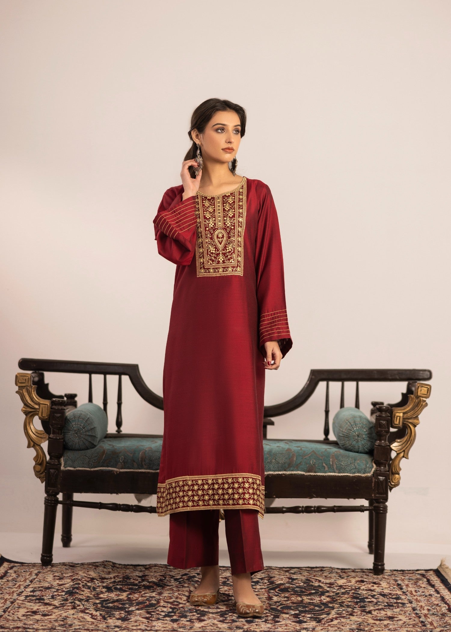 chambray Kurta Set in Red