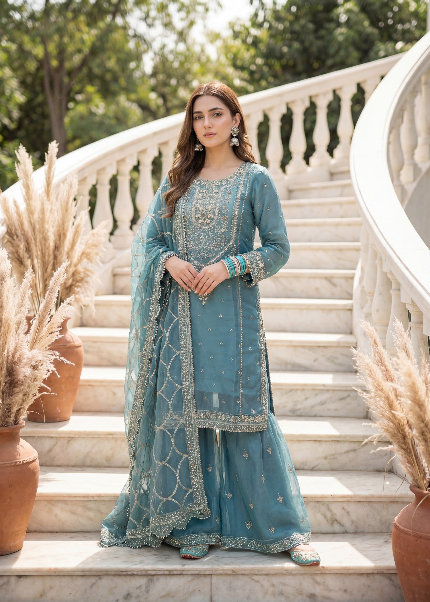organza Gharara in Steel blue