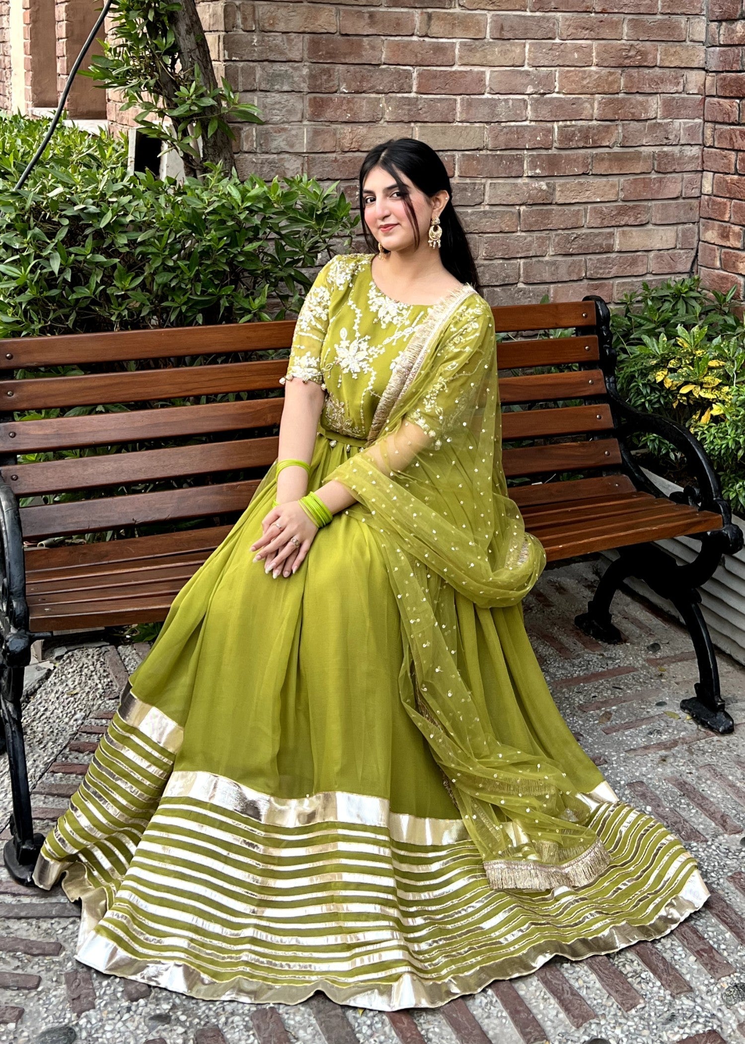 bemberg crinkle chiffon Lehenga in Olive green