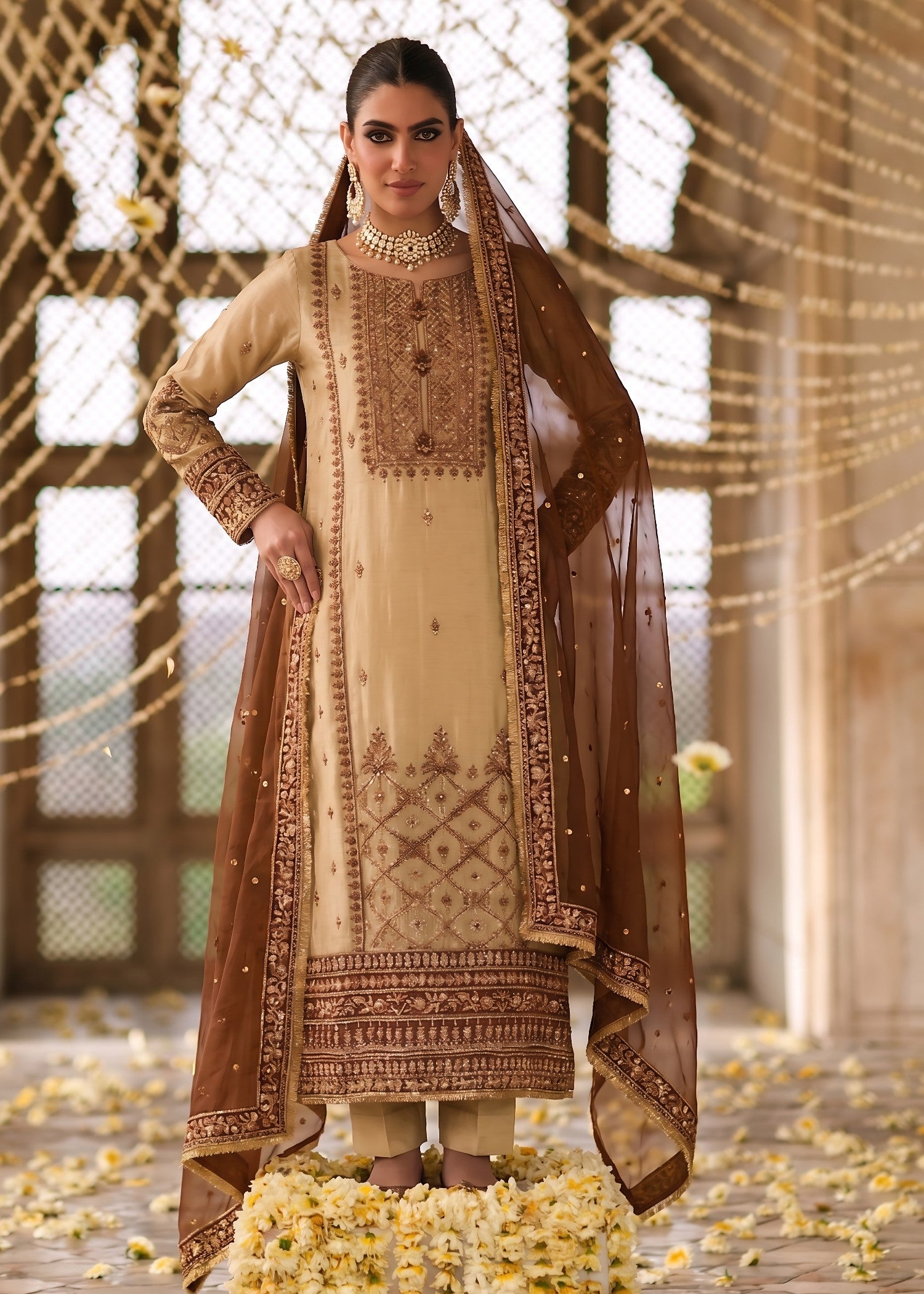 bemberg tissue Kurta Set in Gold