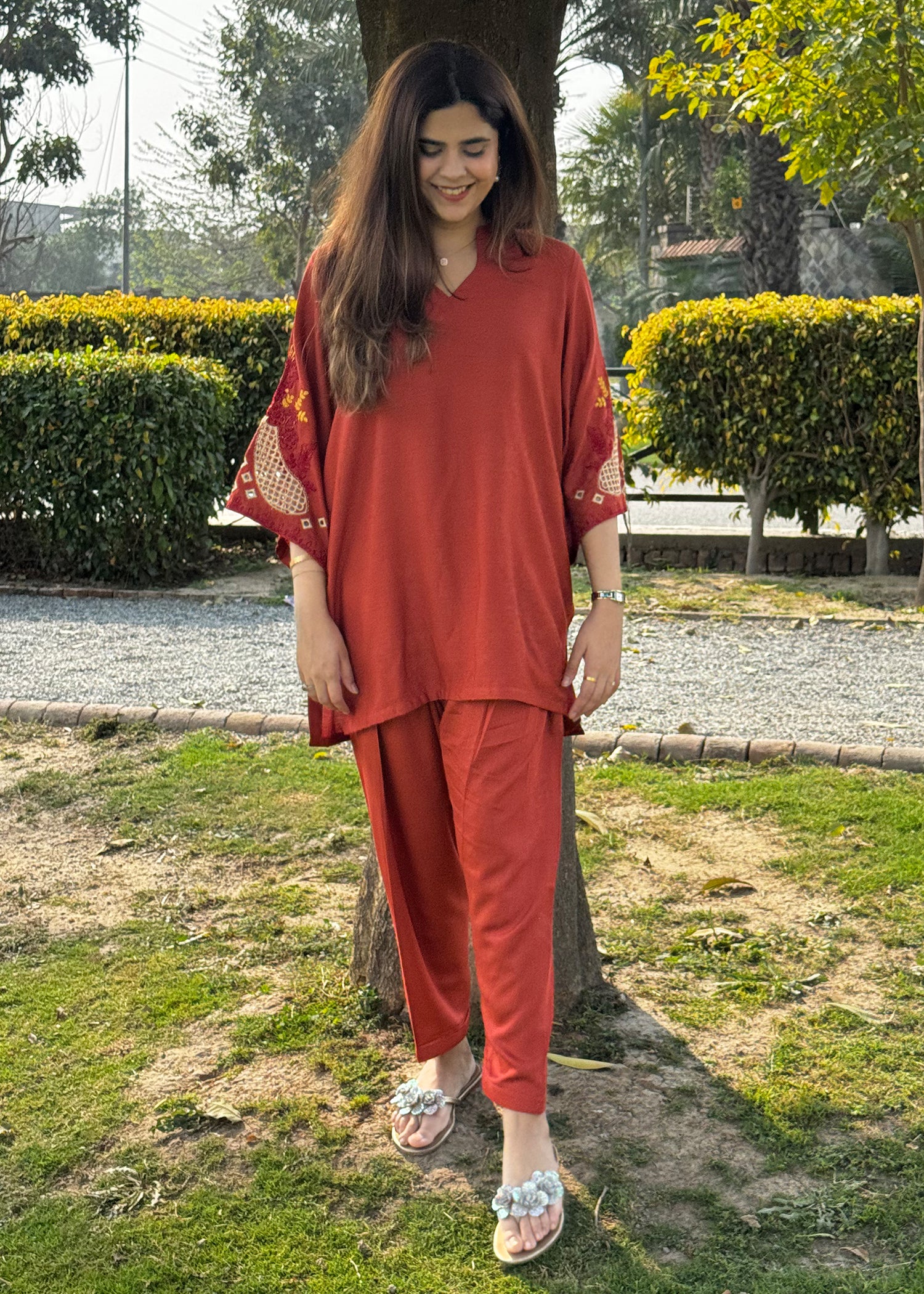 cotton karandi Kurta Set in Rust orange