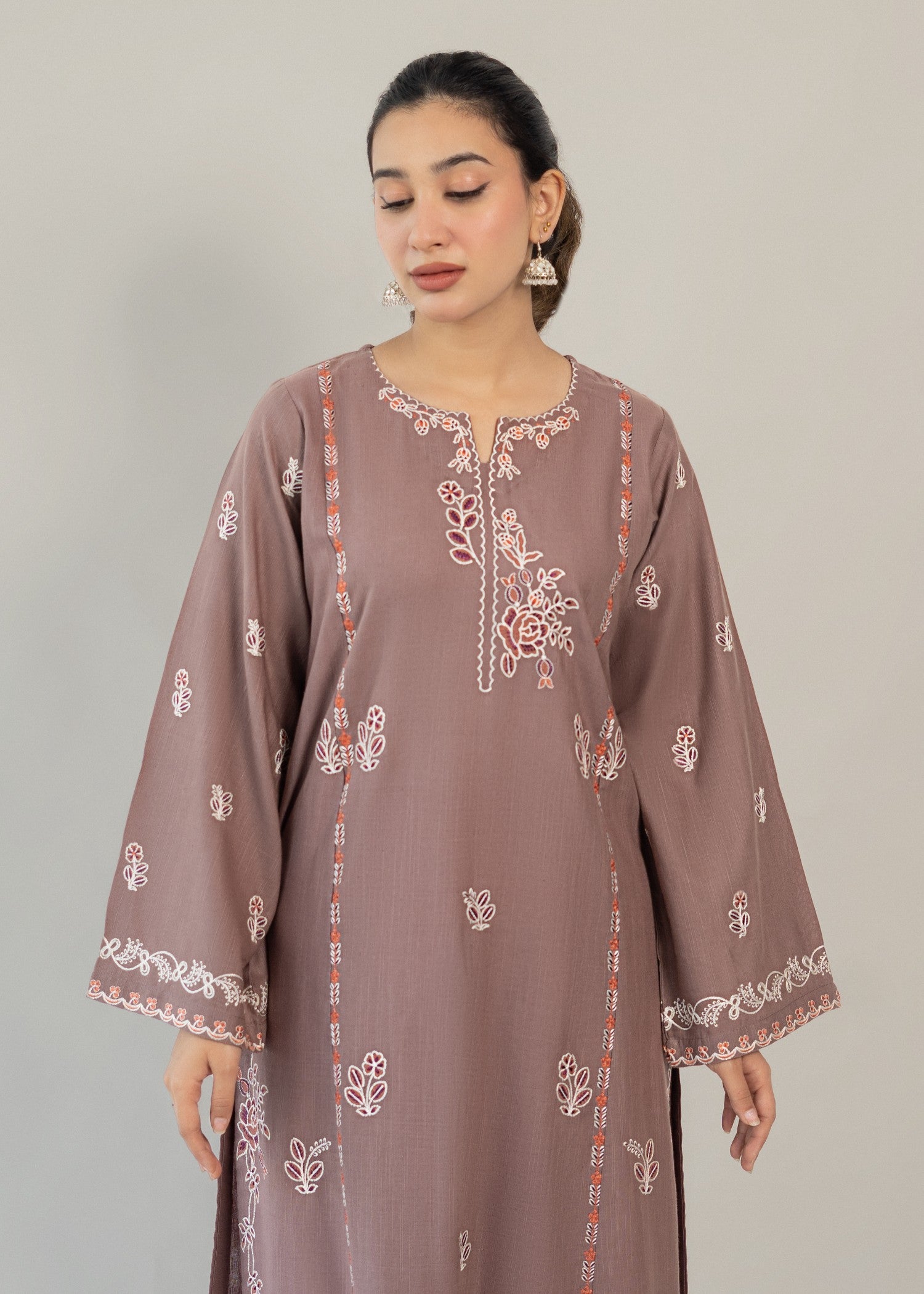 slub khaddar Kurta Set in Red, mauve