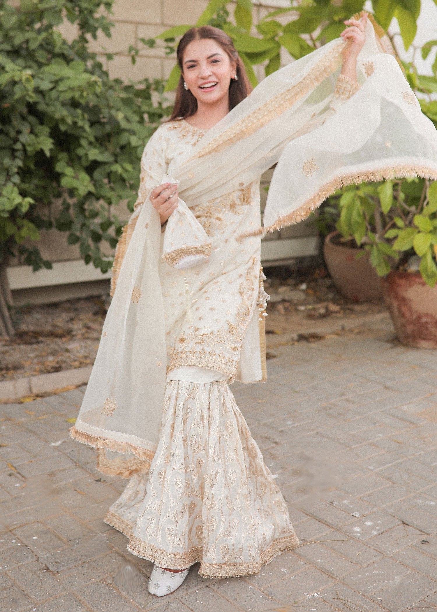 zari organza Gharara in White