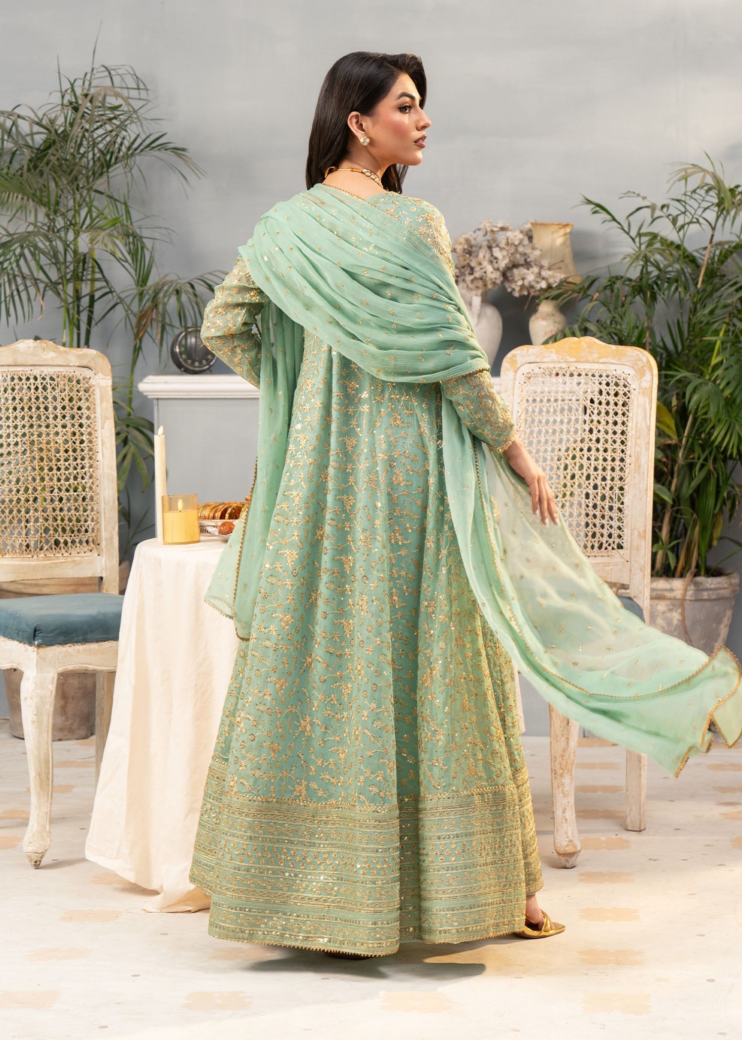 chiffon Pishwas in Pastel green