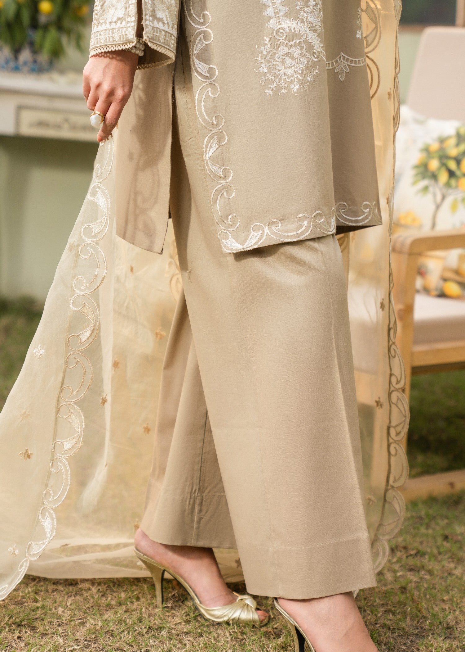 lawn Kurta Set in Khaki brown, seashell