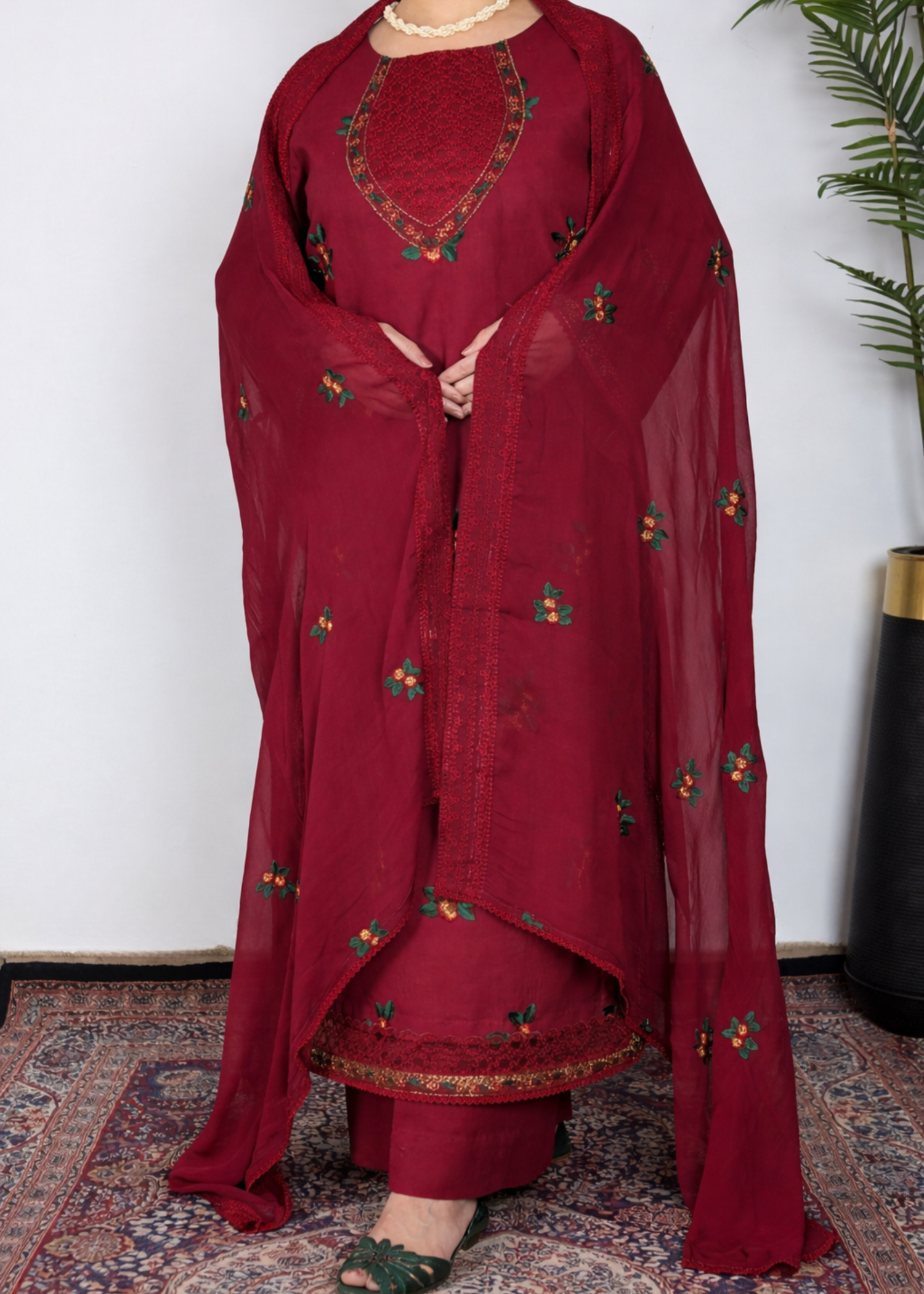 lawn cotton Kurta Set in Maroon