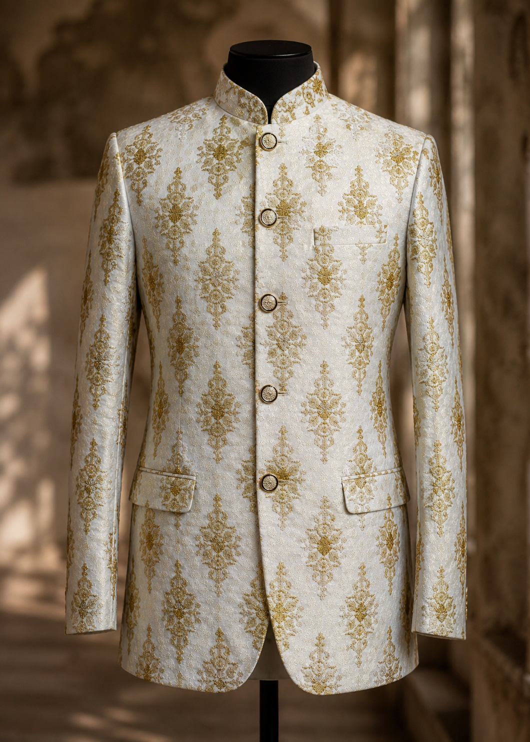 jamawar Prince Coat in White, gold