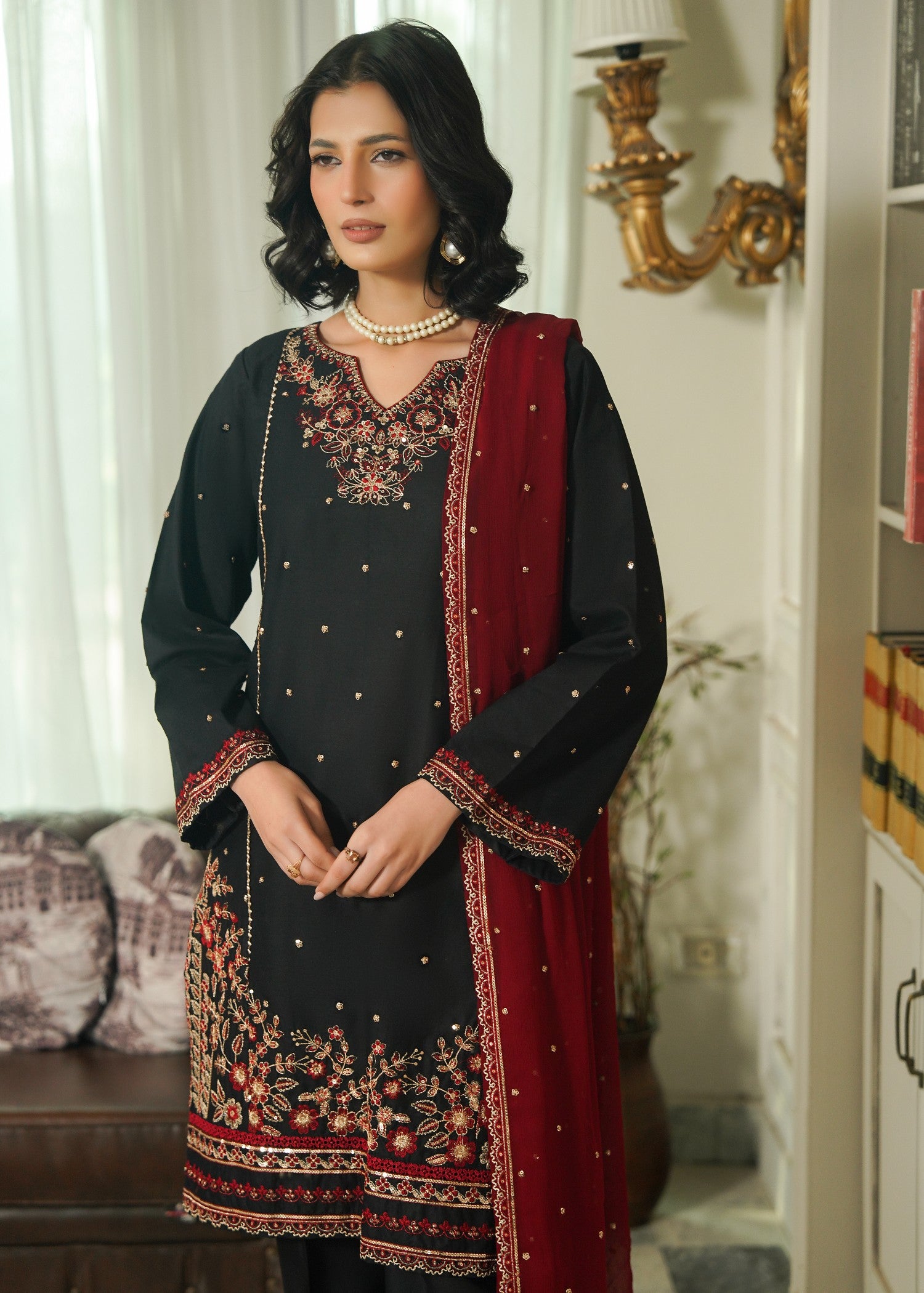 cotton Kurta Set in Black, maroon