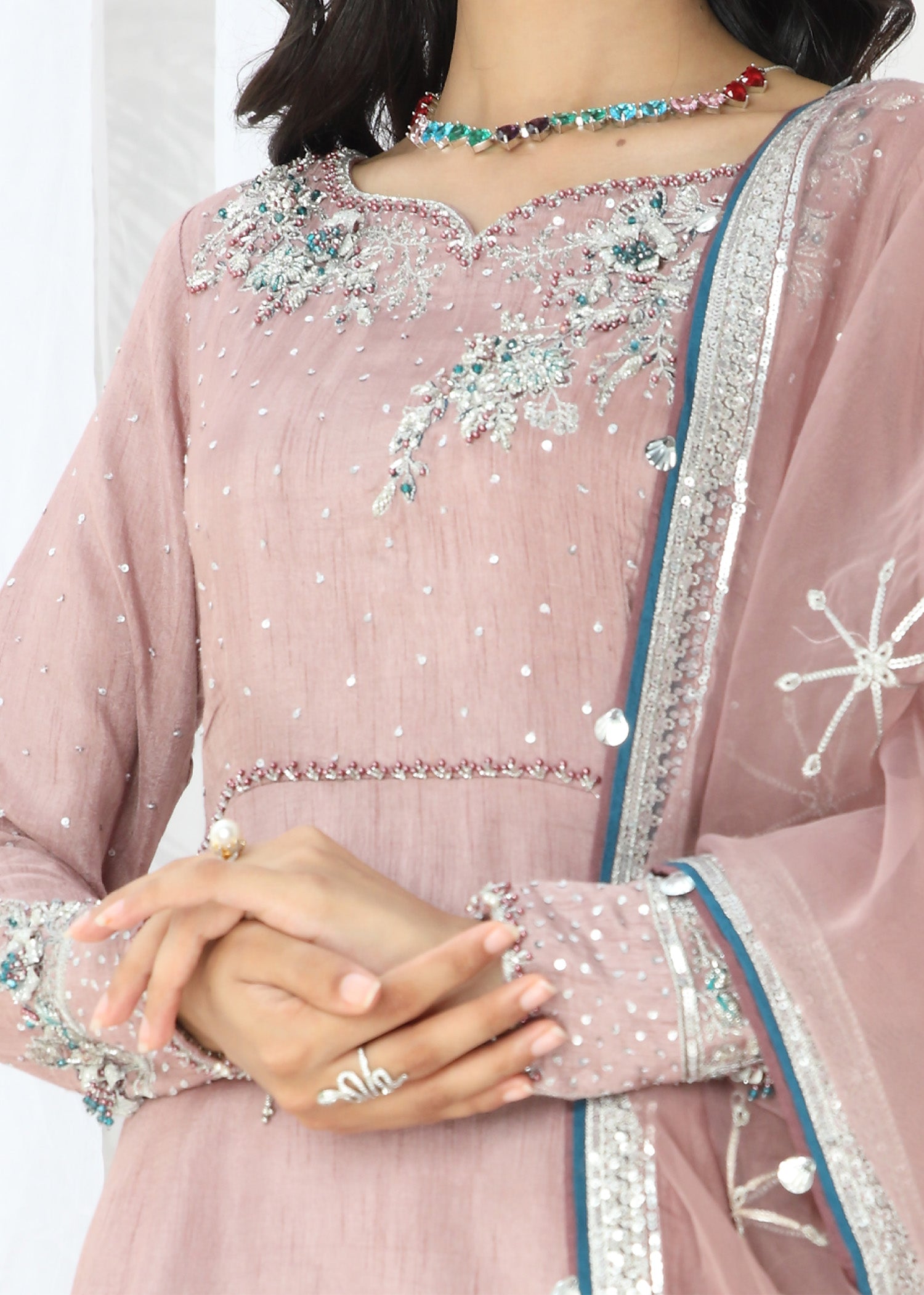 raw silk Pishwas in Mauve pink, blue