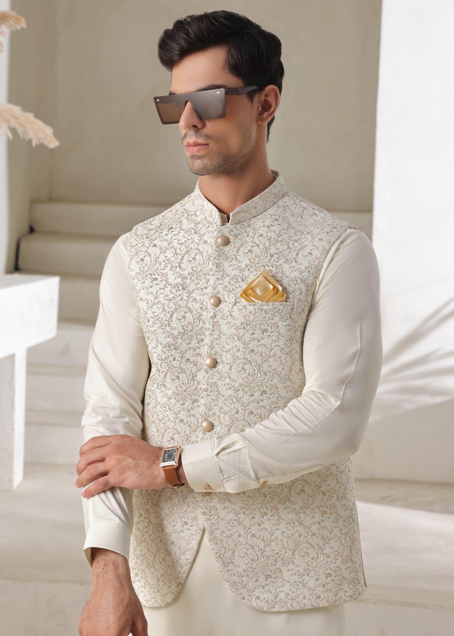 jamawar Waistcoat in Off-white by Bin Musab