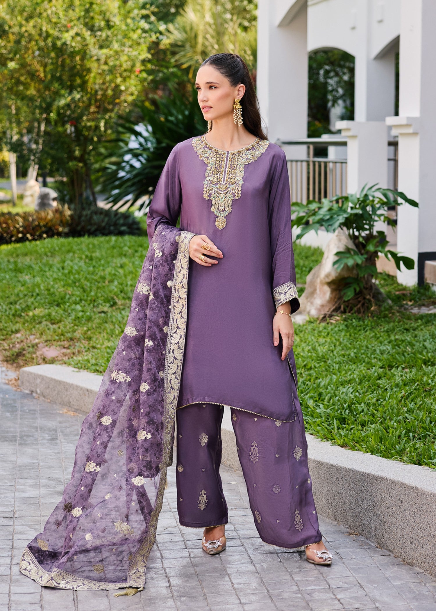 pure silk chiffon Kurta Set in Purple heart