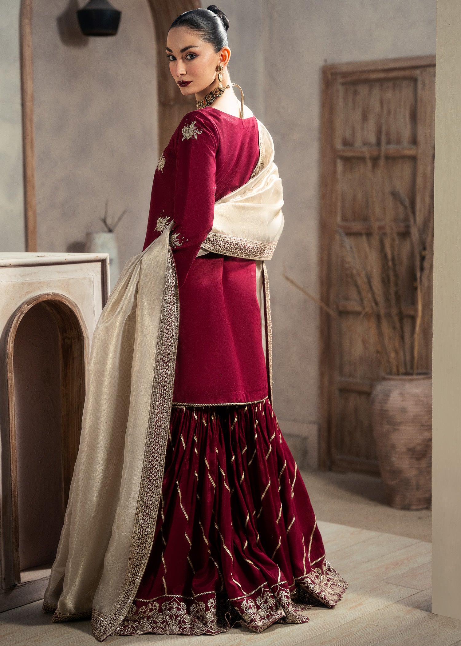 raw silk Gharara in Maroon
