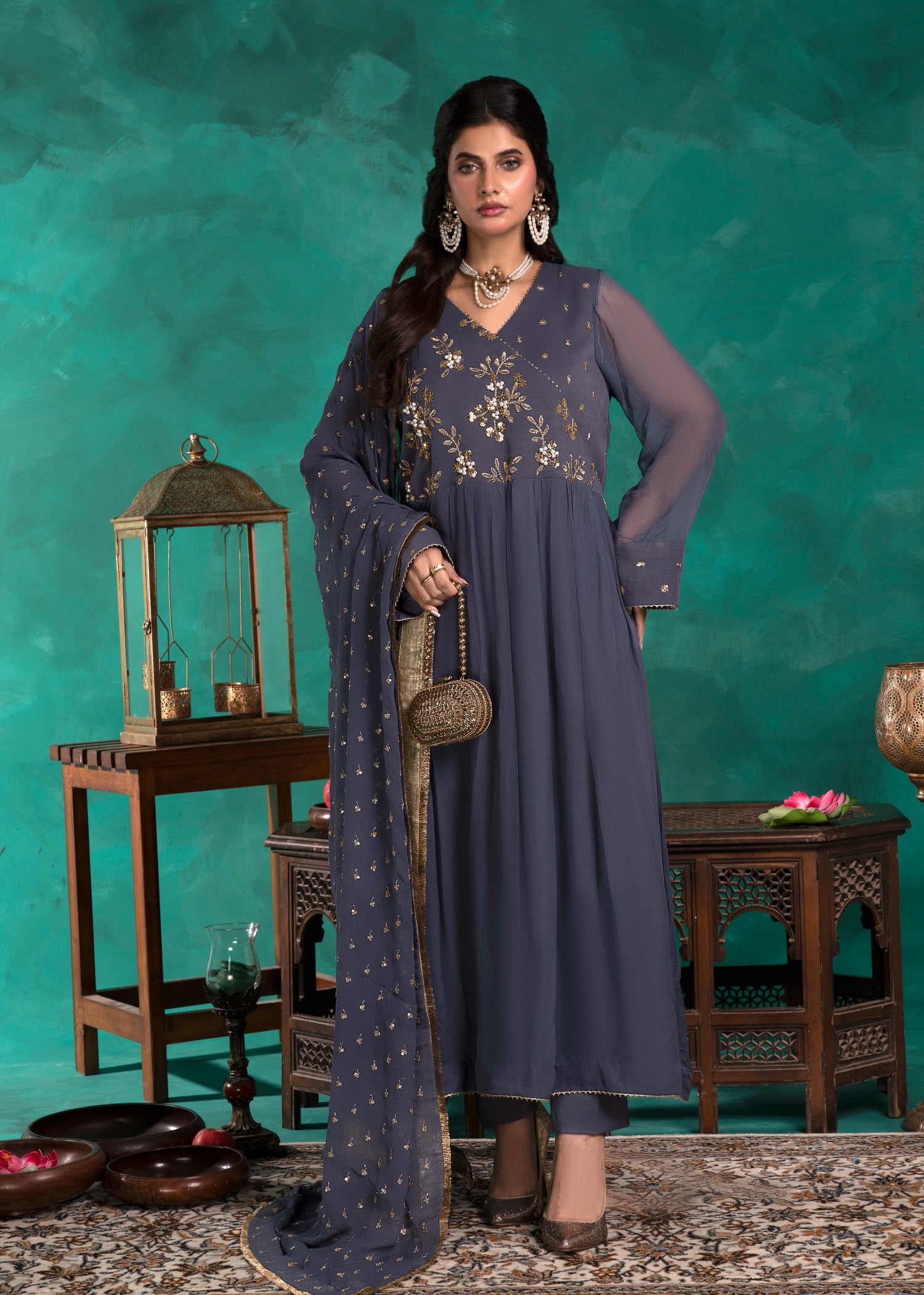 chiffon Angrakha in Slate grey