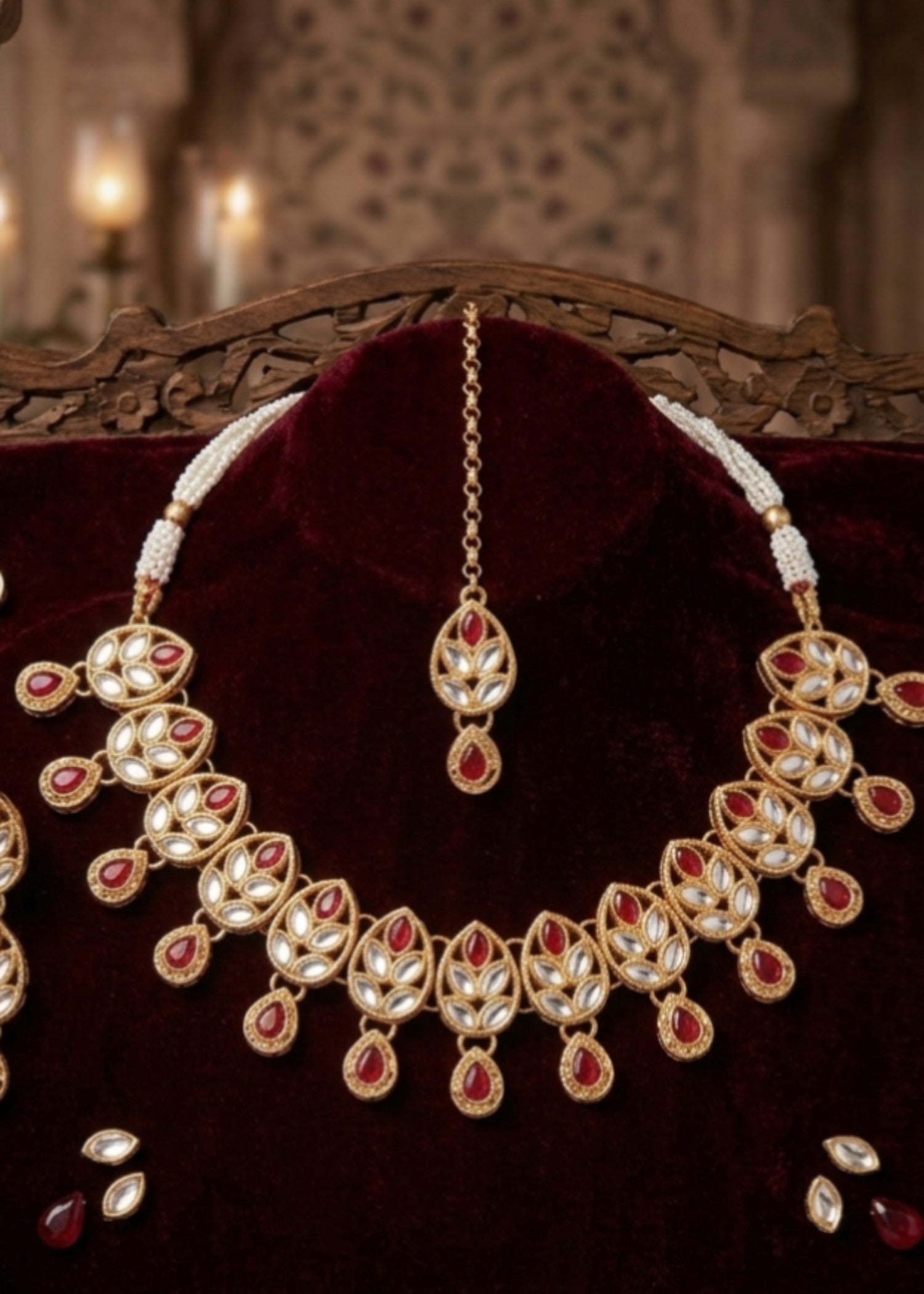 Jewelry Set in Maroon, mari gold, gold Color by - Trendy Women Jewelry Set EMQ6100