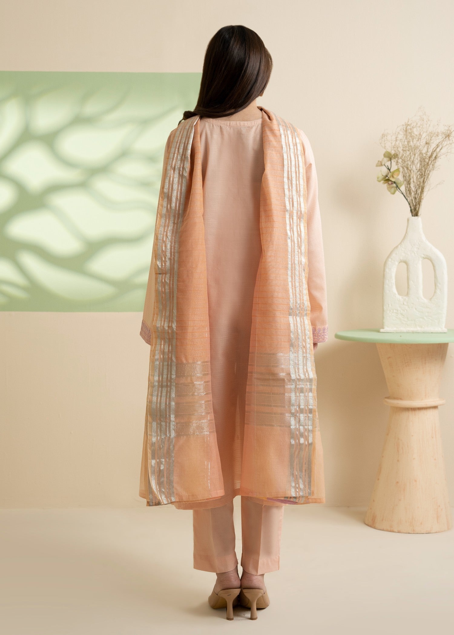 textured lawn Kurta Set in Peach pink