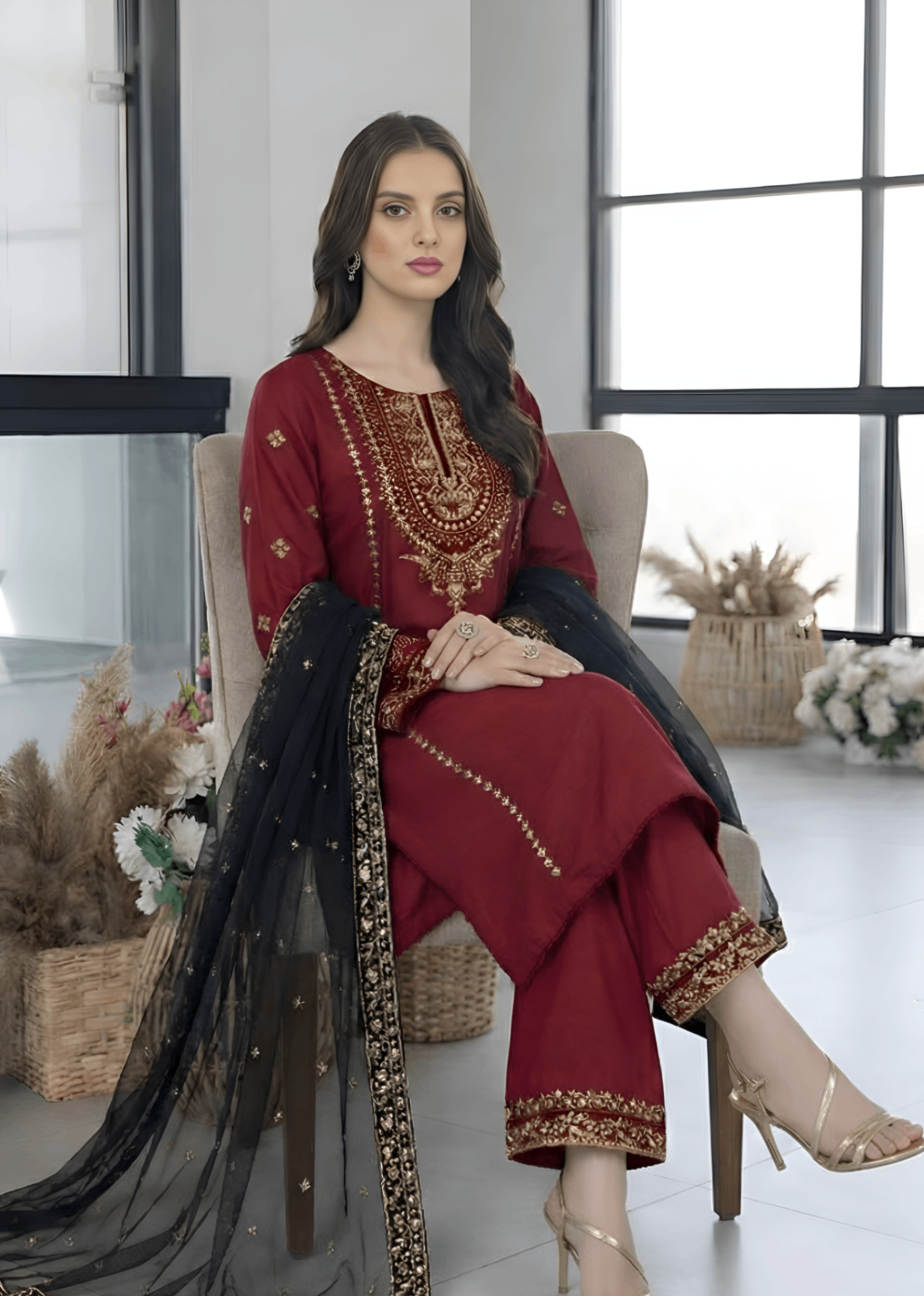 cambric Kurta Set in Crimson