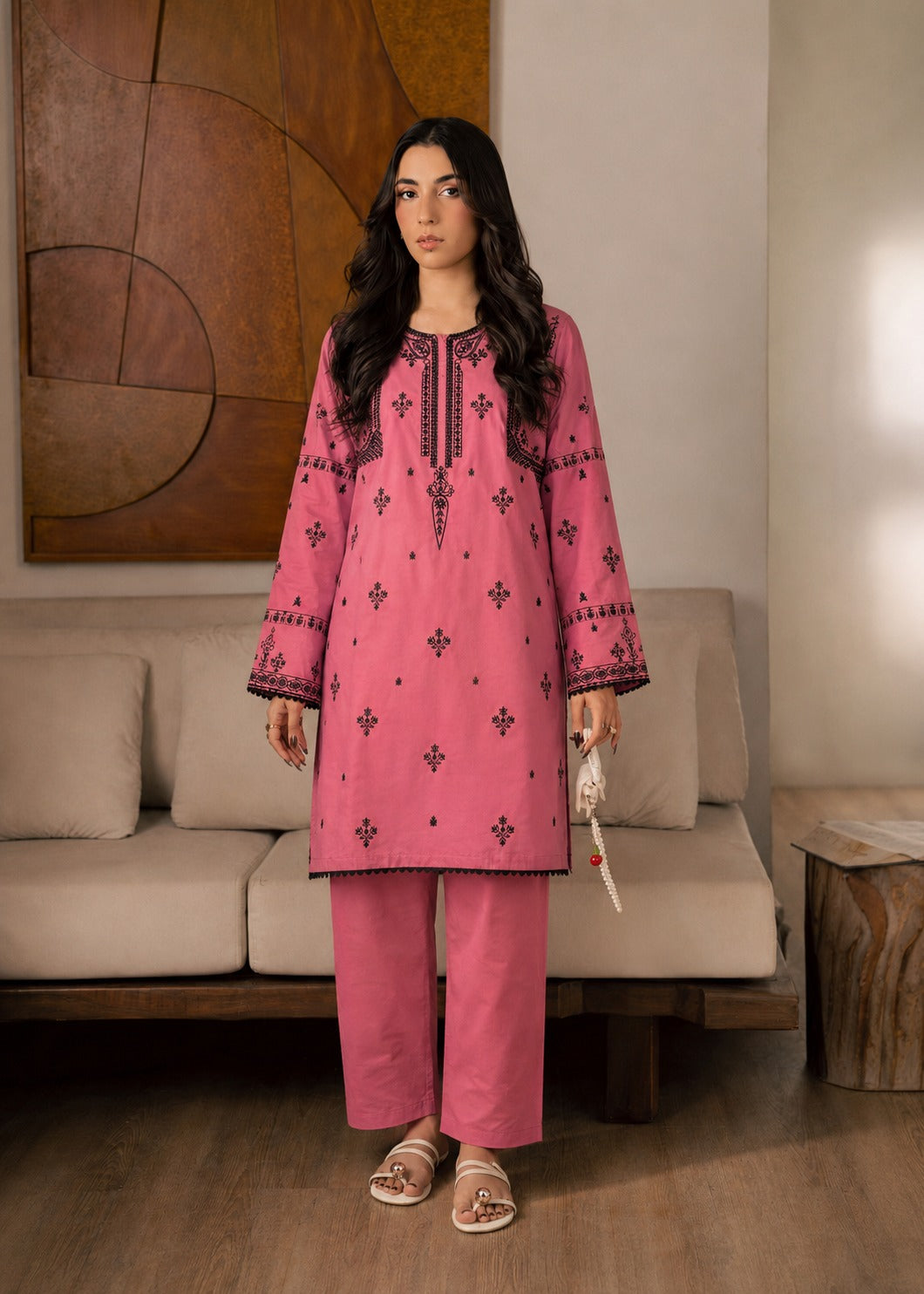 linen Kurta Set in Rose pink
