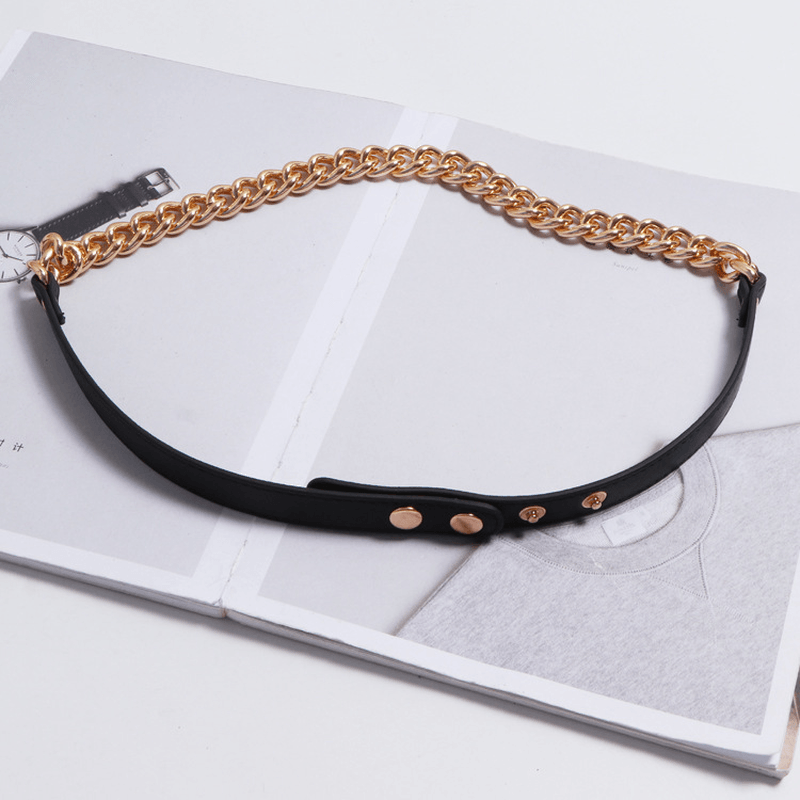 Metal Chain Stitching PU Leather Belt Female Wild Belt Decoration Dress Shirt Waist Chain