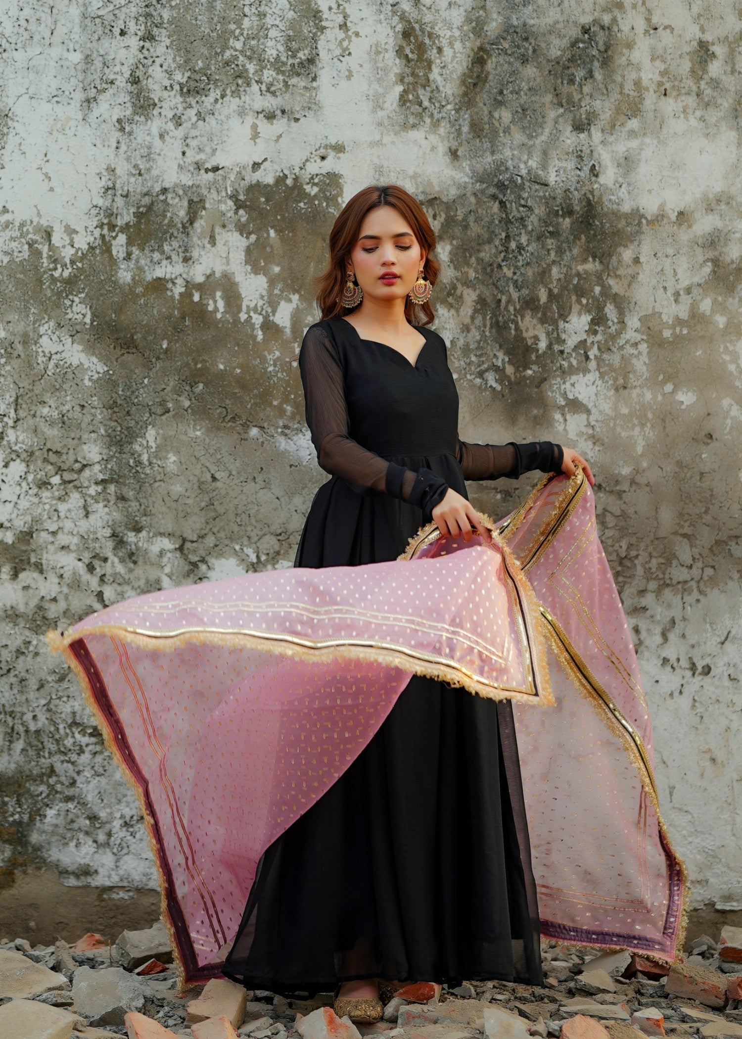 bemberg crinkle chiffon Anarkali in Jet black