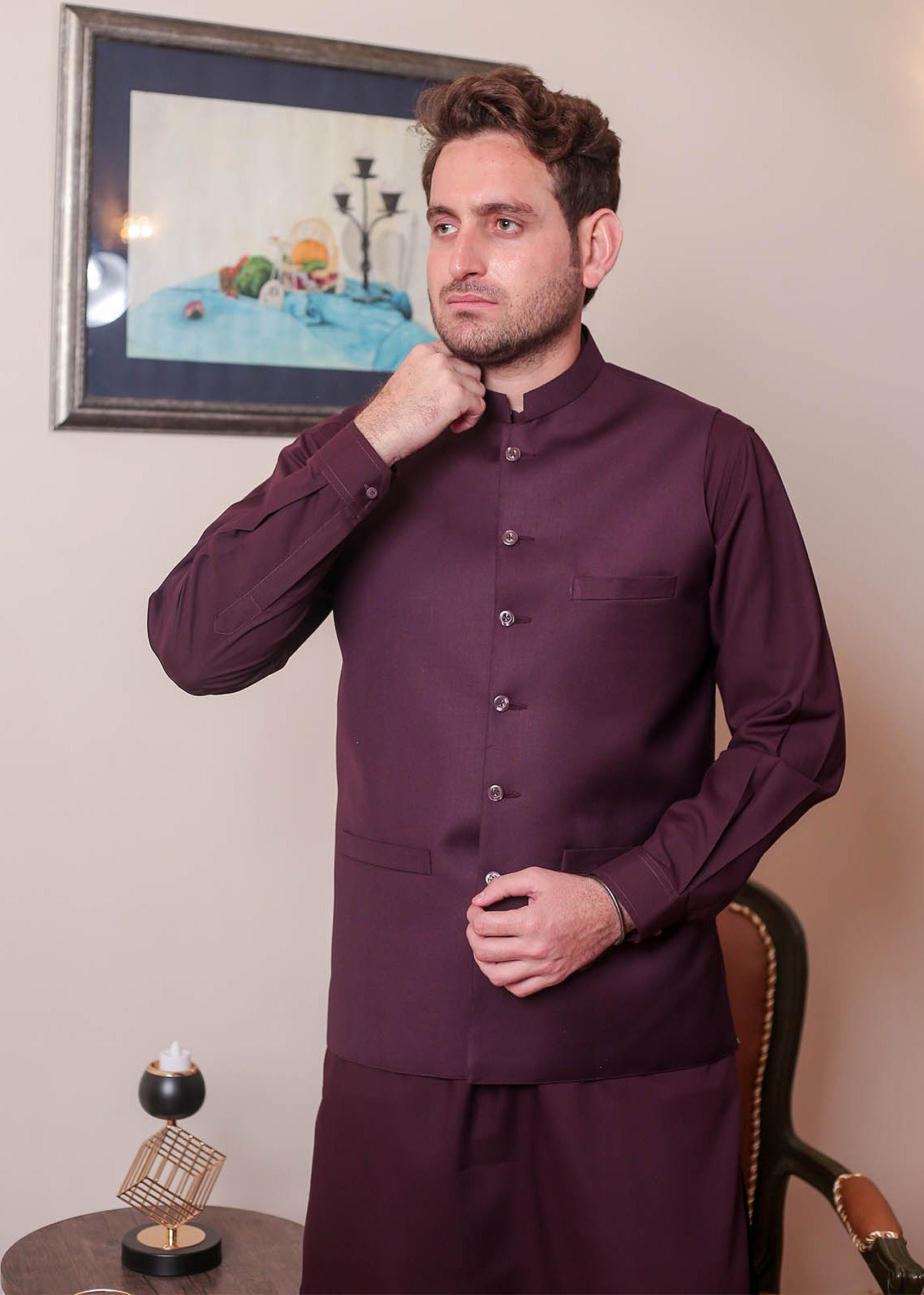 banarsi silk Waistcoat in Burgundy