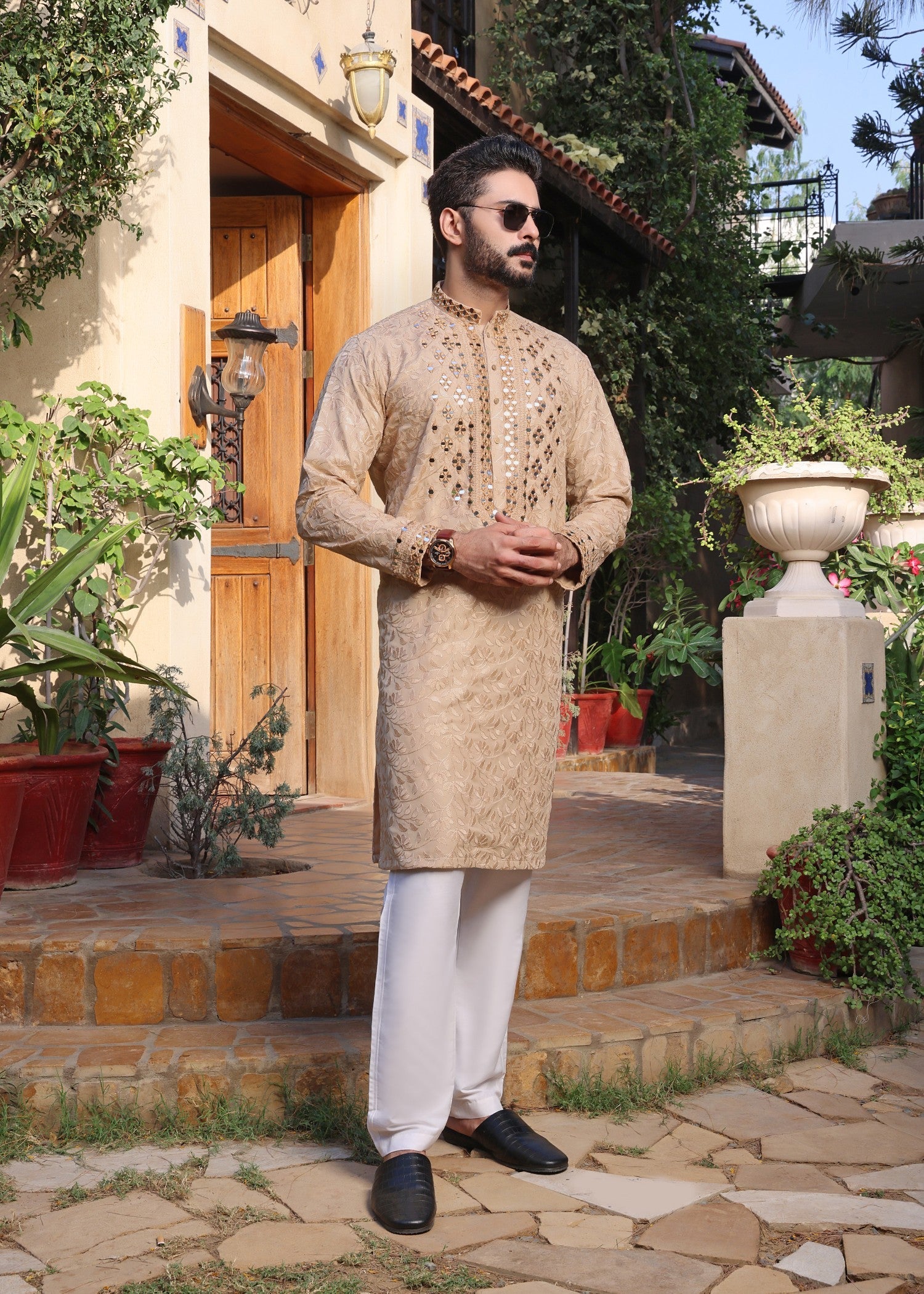 jamawar Kurta Set in Beige