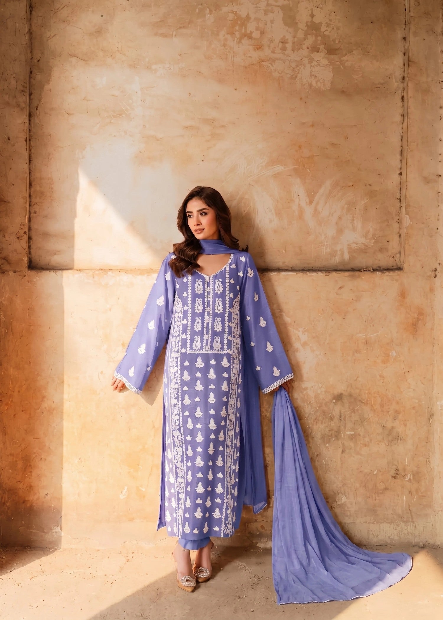 lawn cotton Kurta Set in Bright lavender