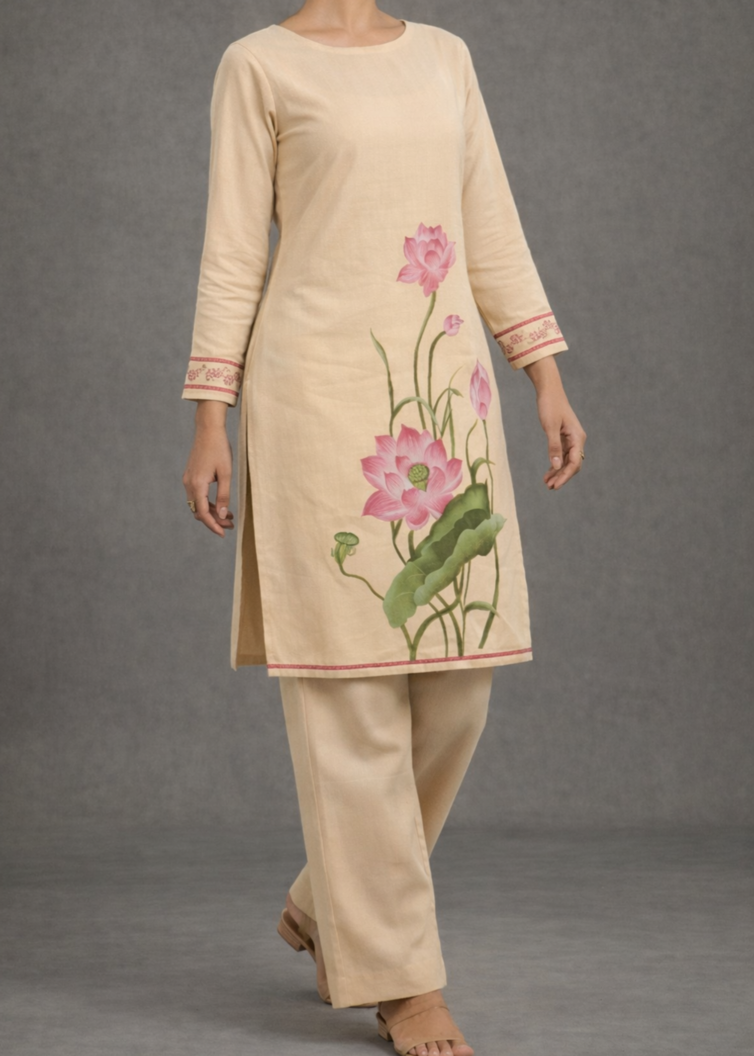poly lawn Kurta Set in Beige