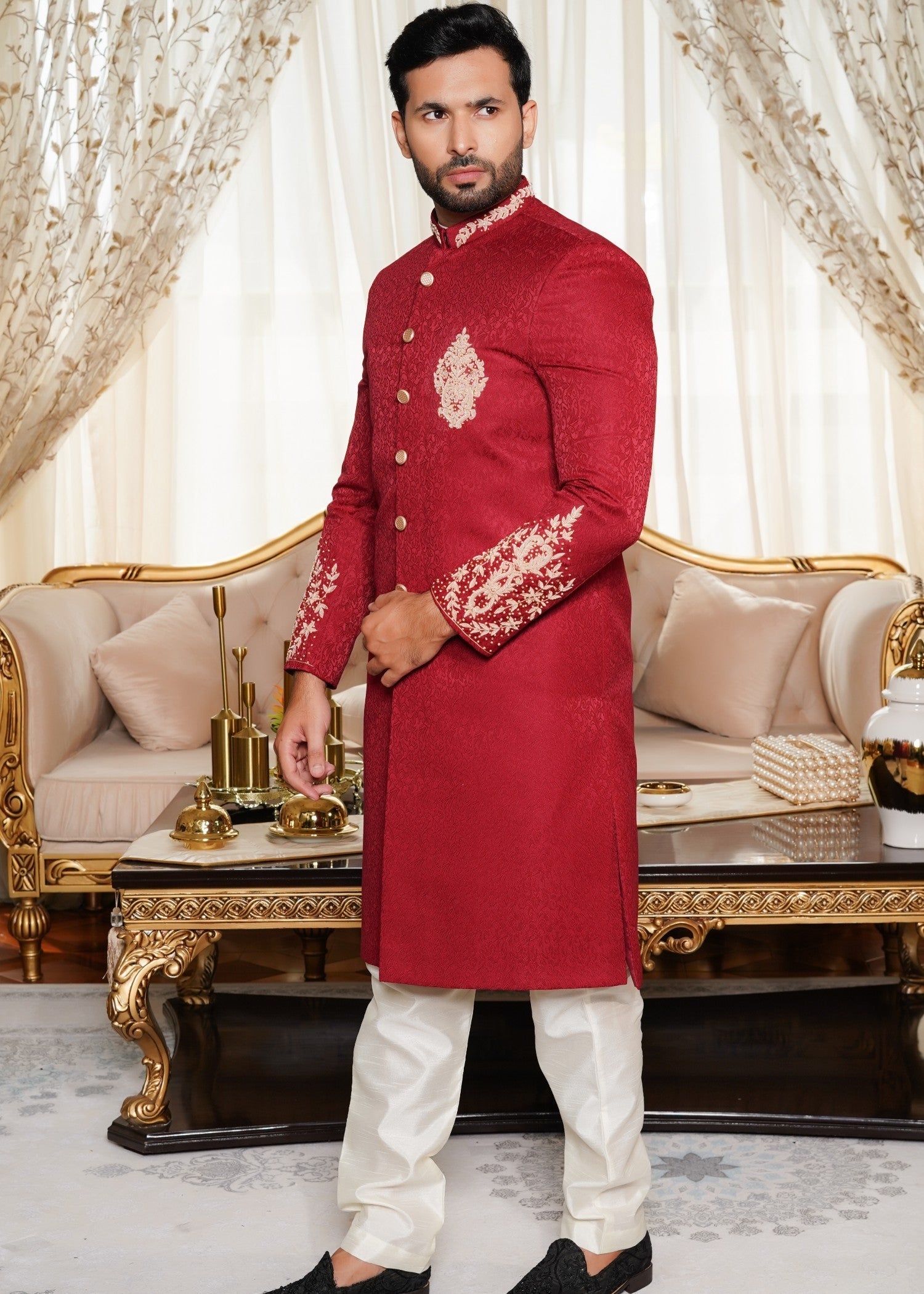 jamawar Sherwani in Maroon